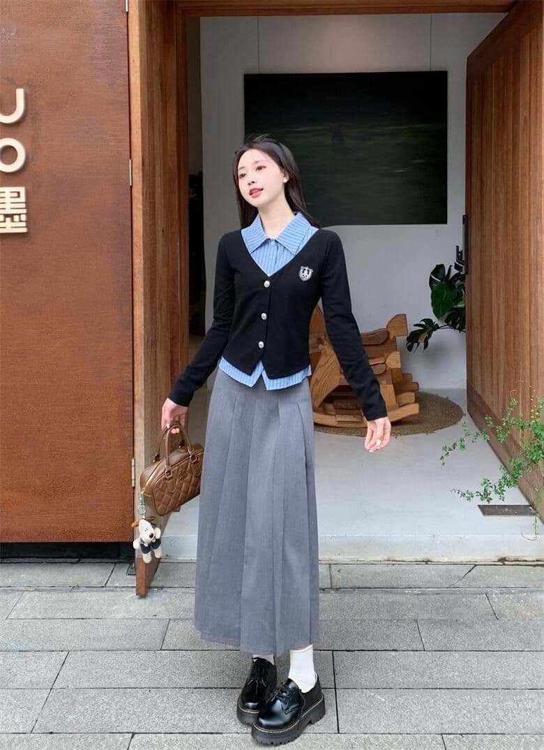 원본 것 한국 스타일 조기 가을 학원 스타일 세트 여성 페이크 레이어드 가을 검정색 긴팔 맨위 상세 이미지 16