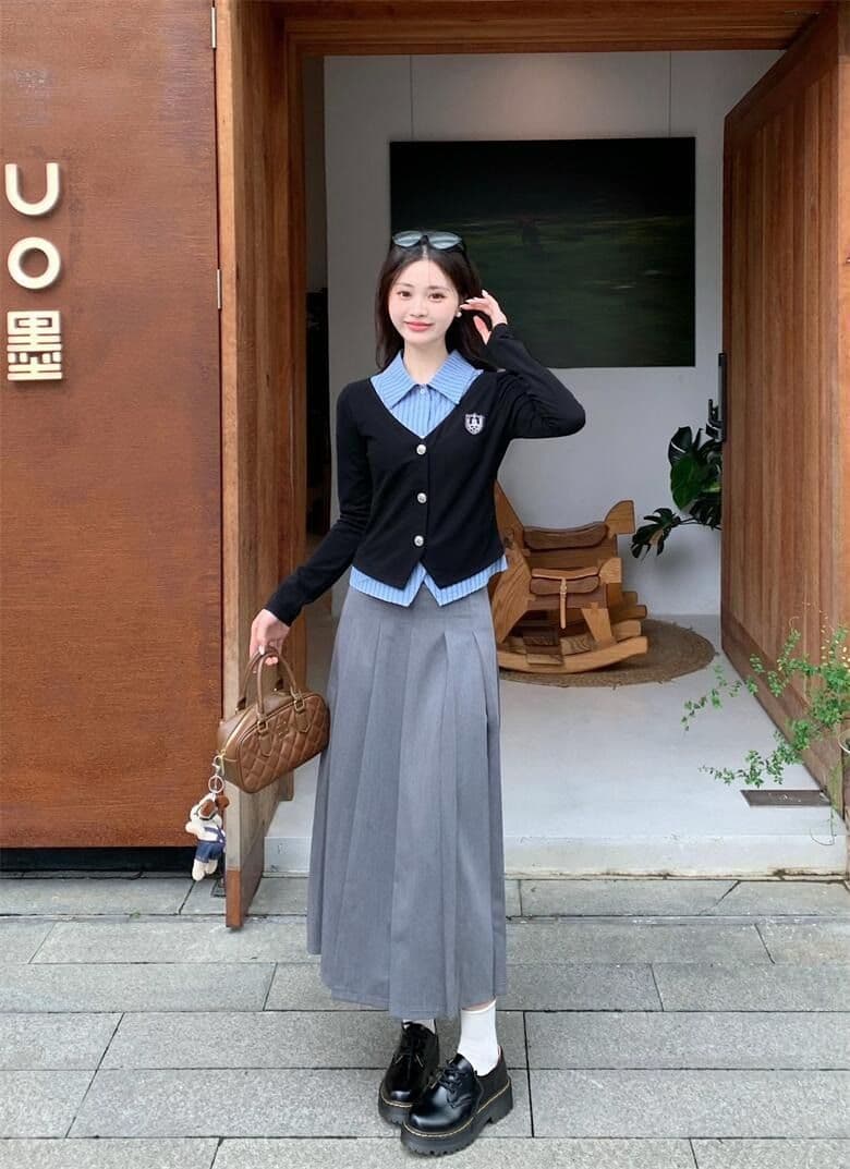 원본 것 한국 스타일 조기 가을 학원 스타일 세트 여성 페이크 레이어드 가을 검정색 긴팔 맨위 상세 이미지 17