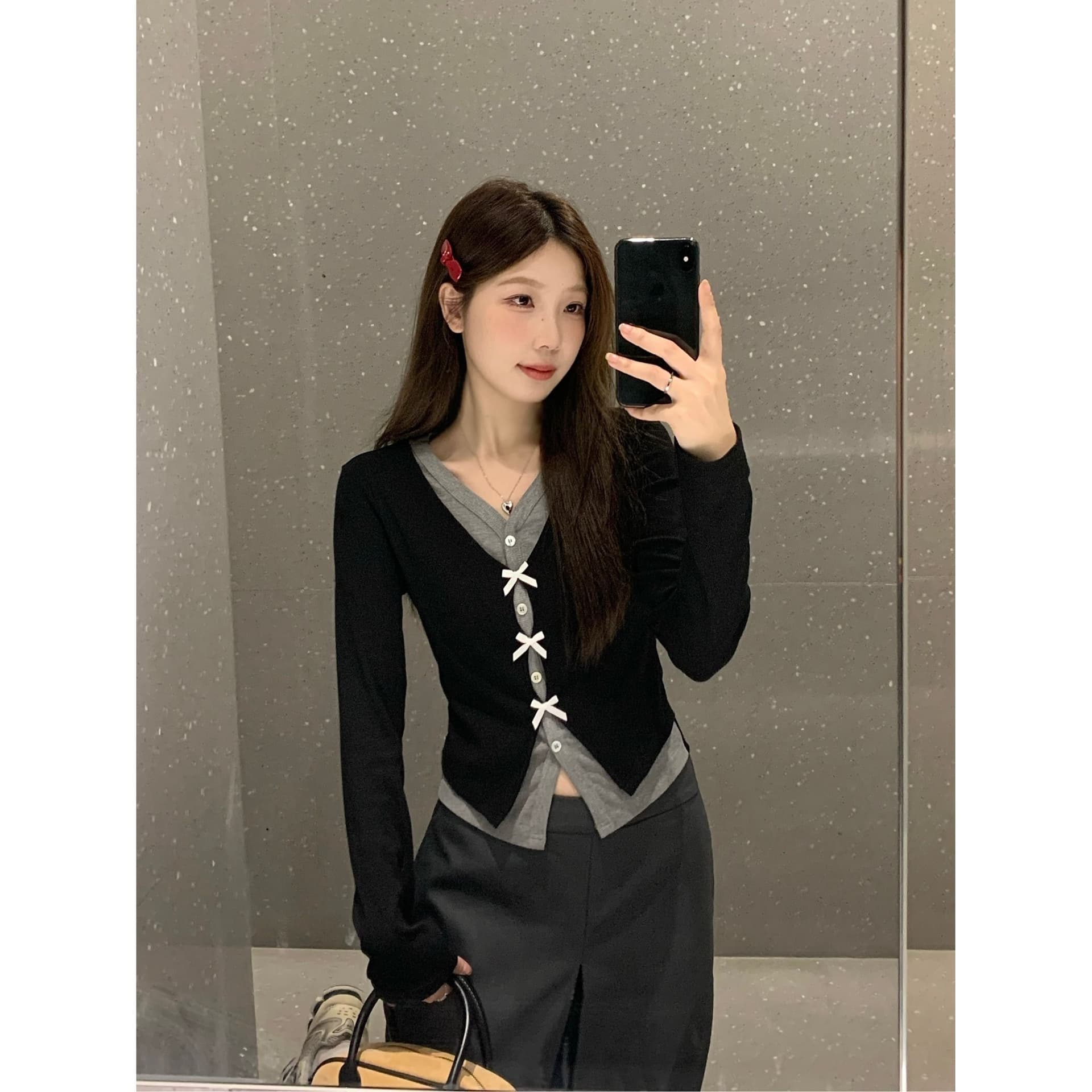 원본 것 한국 스타일 페이크 레이어드 나비 매듭 긴팔 니트 스웨터 슬림해 보이는 하이웨이스트 플리츠 반신 스커트 여성 가을 이미지 4