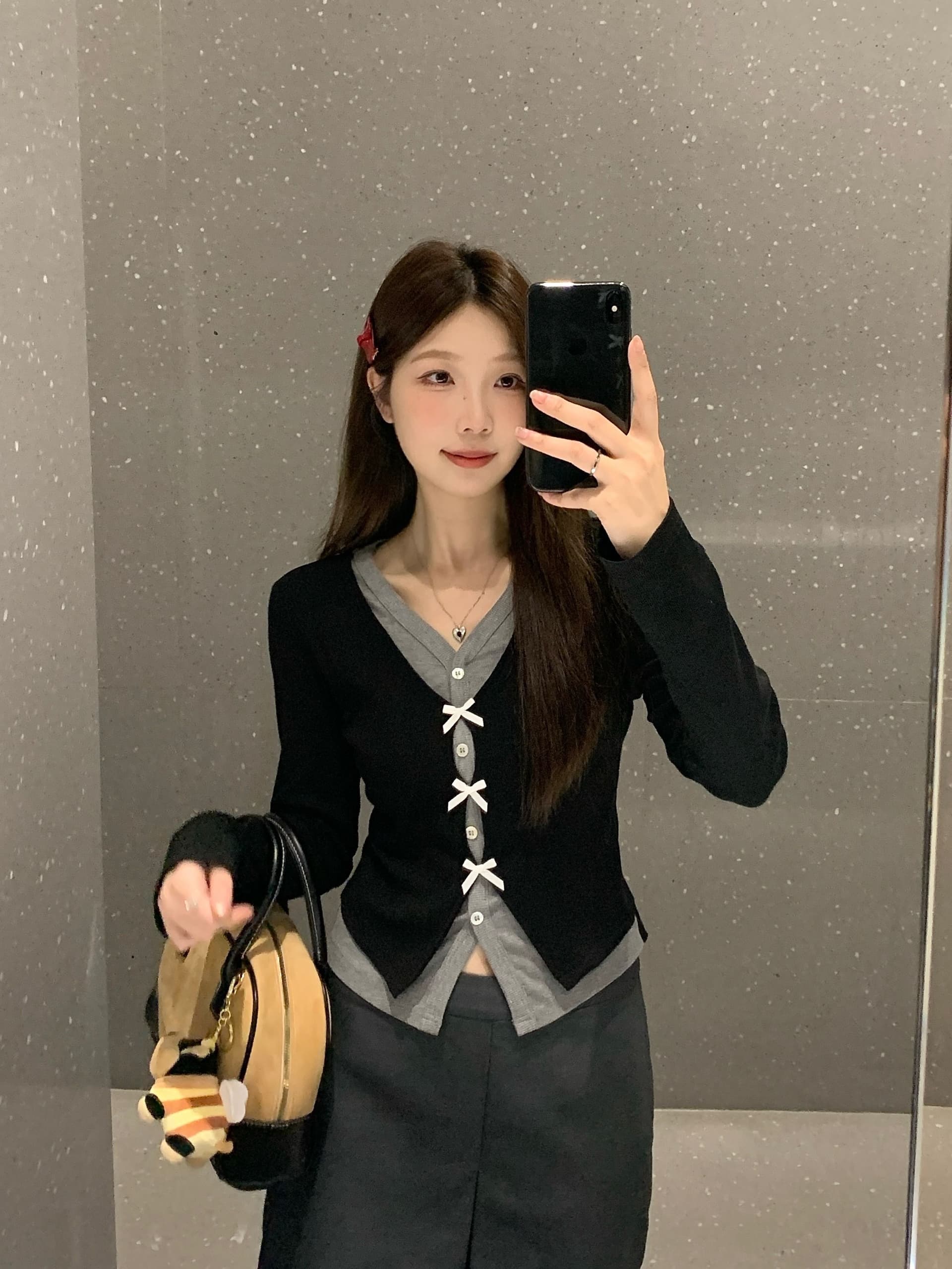 원본 것 한국 스타일 페이크 레이어드 나비 매듭 긴팔 니트 스웨터 슬림해 보이는 하이웨이스트 플리츠 반신 스커트 여성 가을 상세 이미지 2