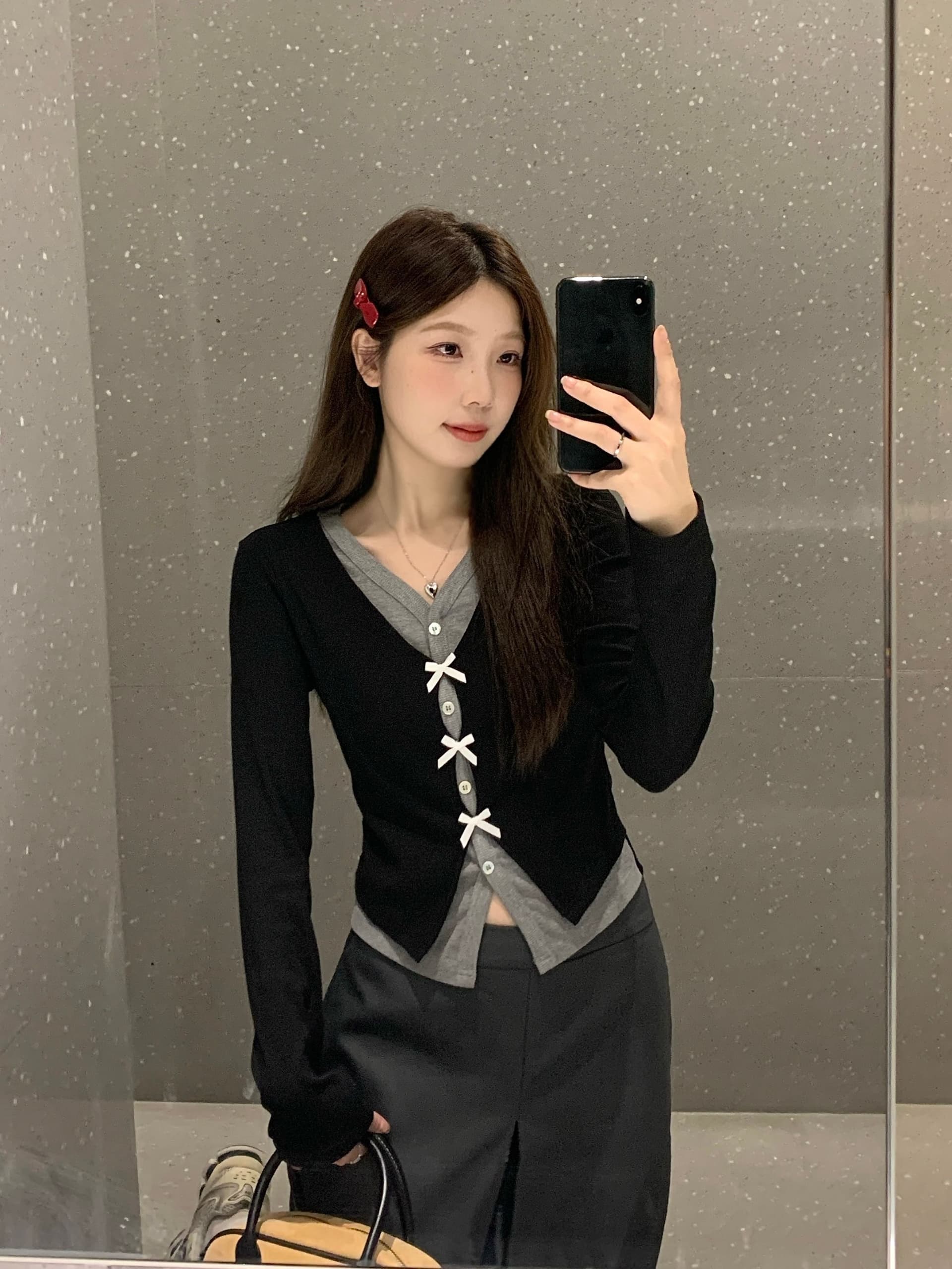 원본 것 한국 스타일 페이크 레이어드 나비 매듭 긴팔 니트 스웨터 슬림해 보이는 하이웨이스트 플리츠 반신 스커트 여성 가을 상세 이미지 3