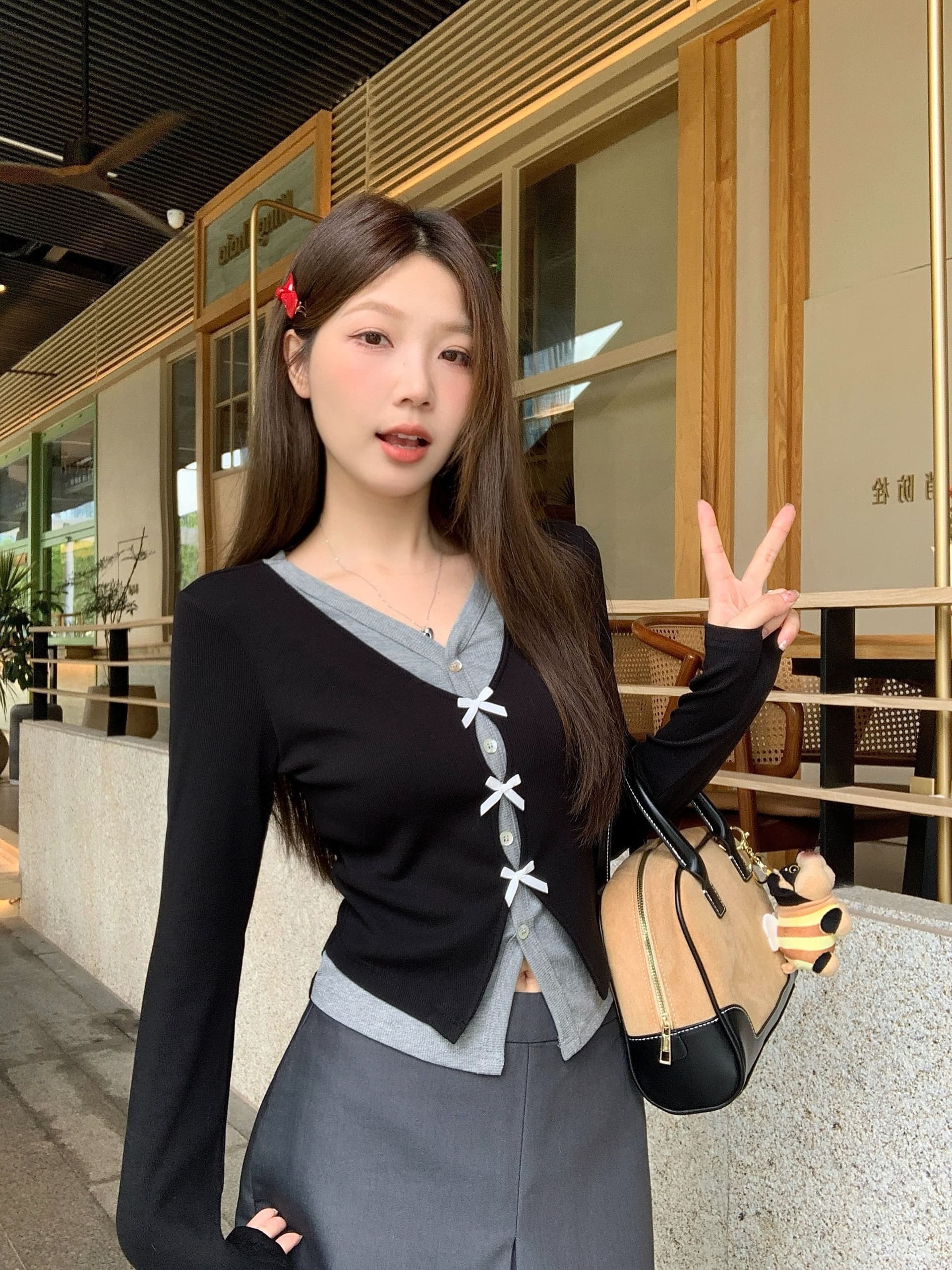 원본 것 한국 스타일 페이크 레이어드 나비 매듭 긴팔 니트 스웨터 슬림해 보이는 하이웨이스트 플리츠 반신 스커트 여성 가을 상세 이미지 5