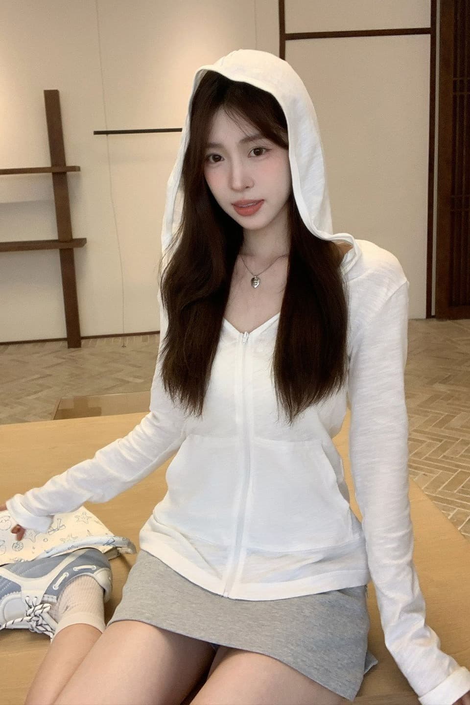 순면 대나무 마디 한국 스타일 후드 얇은 스타일 블라우스 긴팔 티셔츠 여성 가을 새로운 몸매 가꾸기 화이트 맨위 카디건 코트 이미지 7