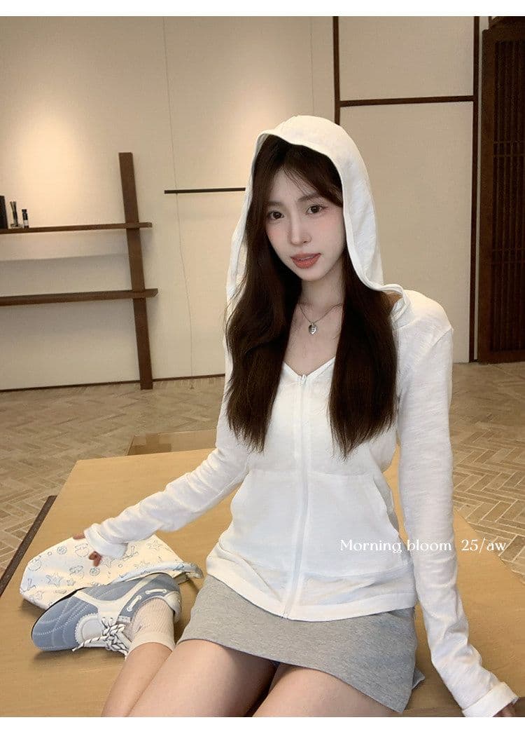 순면 대나무 마디 한국 스타일 후드 얇은 스타일 블라우스 긴팔 티셔츠 여성 가을 새로운 몸매 가꾸기 화이트 맨위 카디건 코트 상세 이미지 2
