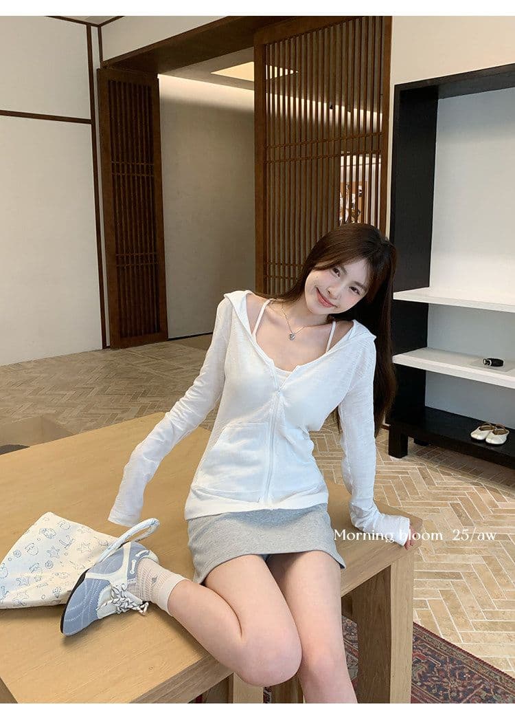 순면 대나무 마디 한국 스타일 후드 얇은 스타일 블라우스 긴팔 티셔츠 여성 가을 새로운 몸매 가꾸기 화이트 맨위 카디건 코트 상세 이미지 4