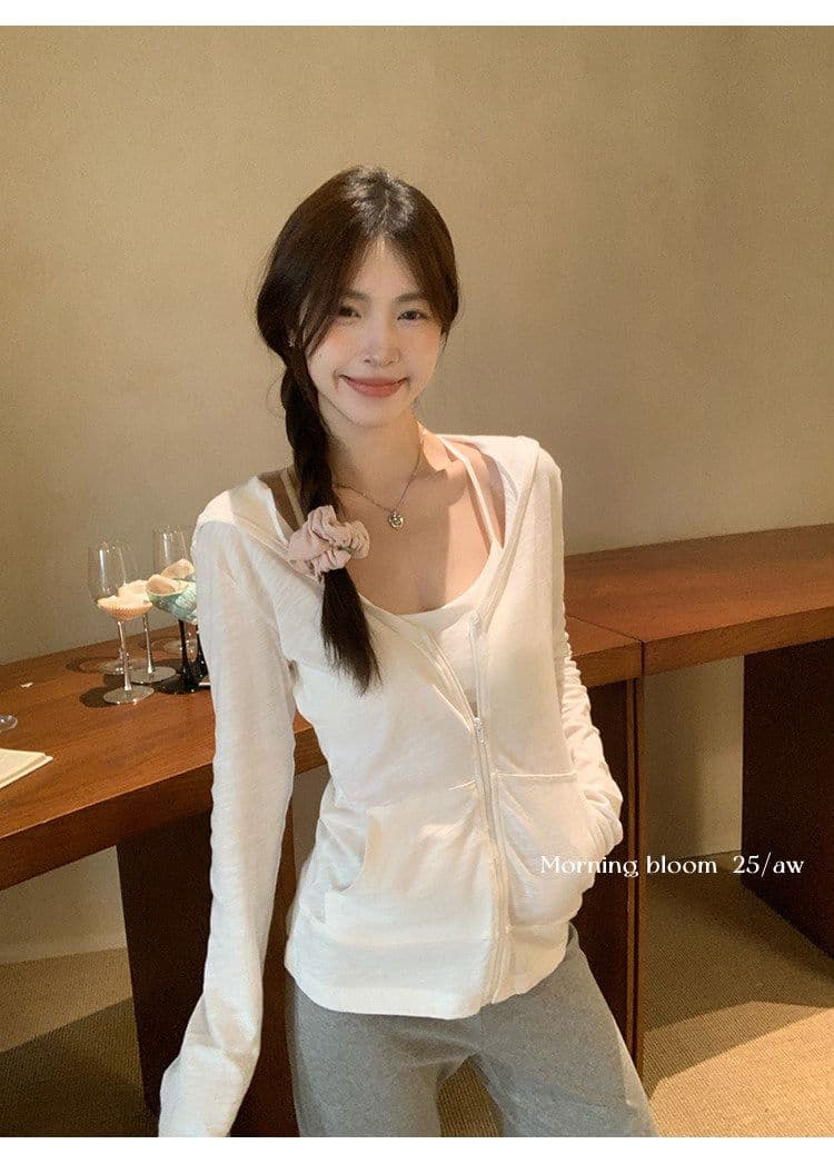 순면 대나무 마디 한국 스타일 후드 얇은 스타일 블라우스 긴팔 티셔츠 여성 가을 새로운 몸매 가꾸기 화이트 맨위 카디건 코트 상세 이미지 6