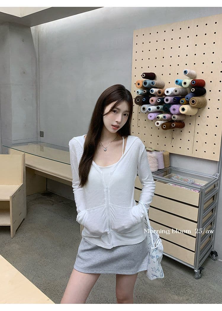 순면 대나무 마디 한국 스타일 후드 얇은 스타일 블라우스 긴팔 티셔츠 여성 가을 새로운 몸매 가꾸기 화이트 맨위 카디건 코트 상세 이미지 9