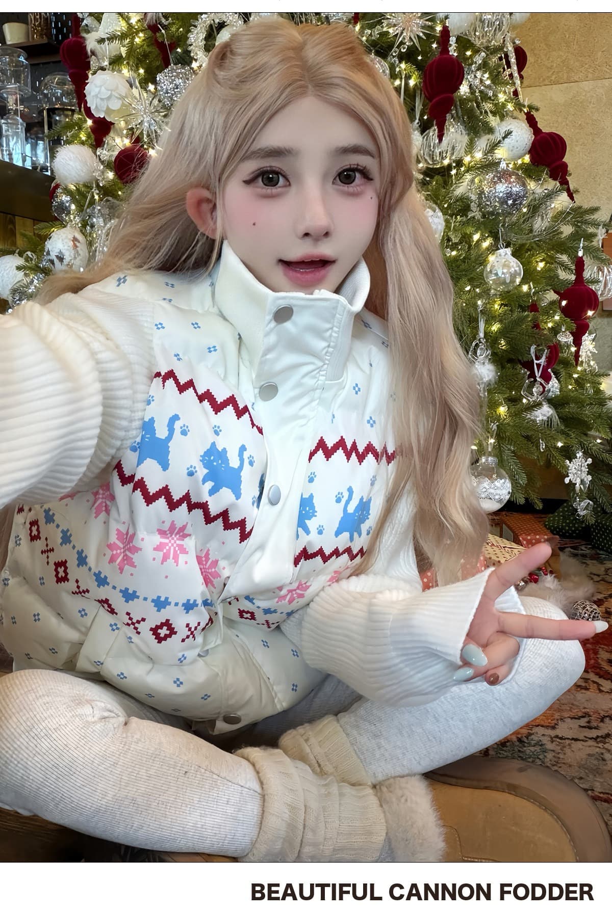 달콤한 차가운 공정한 섬 패치워크 니트 스탠드 칼라 면 의류 여성 겨울 한 부서 솜을 넣은 보온 두꺼운 슬림해 보이는 면 옷 재킷 상세 이미지 3