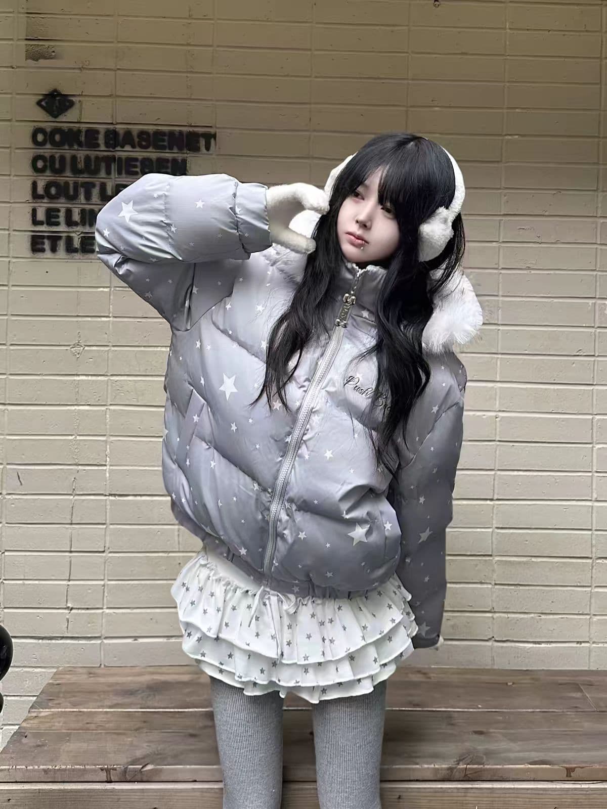 카레 사람들 겨울 귀여운 별 프린트 모피 칼라 후드 면 의류 여성 코트 새로운 두꺼운 보온 맨위 일본과 한국 이미지 2