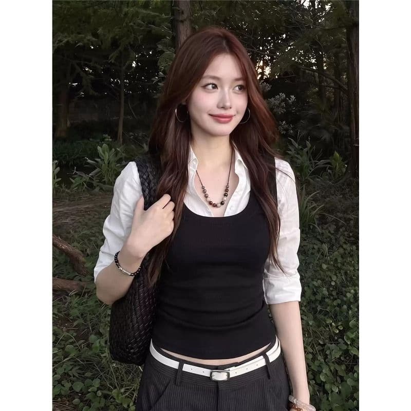 원본 것 한국 스타일 여성 셔츠 이른 가을 프랑스식 맨위 페이크 레이어드 긴팔 허리 수축 핫걸 자이언트 잘 생긴 셔츠 이미지 2