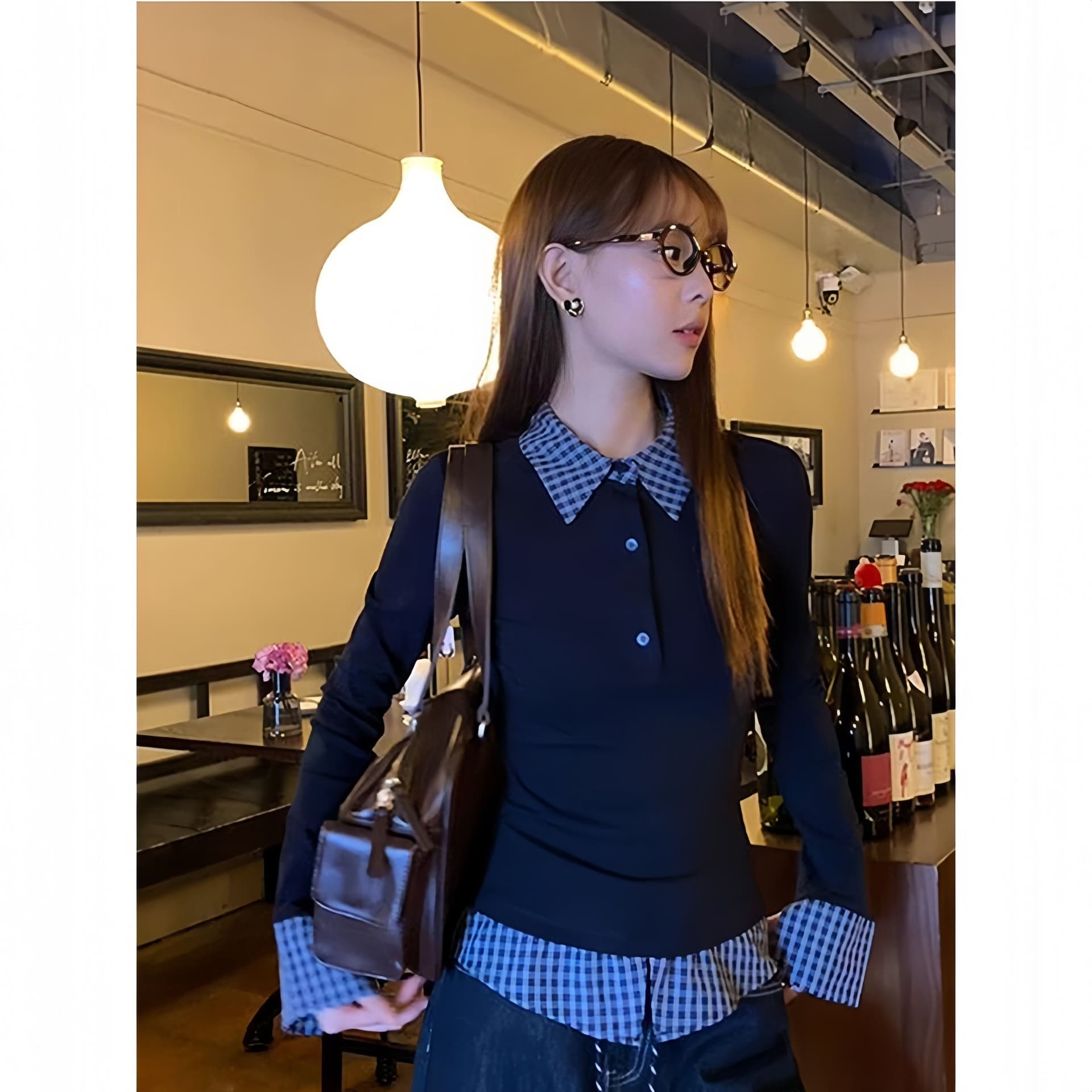 모달 사람들 면 디자인 센스 POLO 칼라 페이크 레이어드 맨위 여성 의류 몸매 가꾸기 슬림해 보이는 인사이드 가져 가라. 기본 셔츠 이미지 3