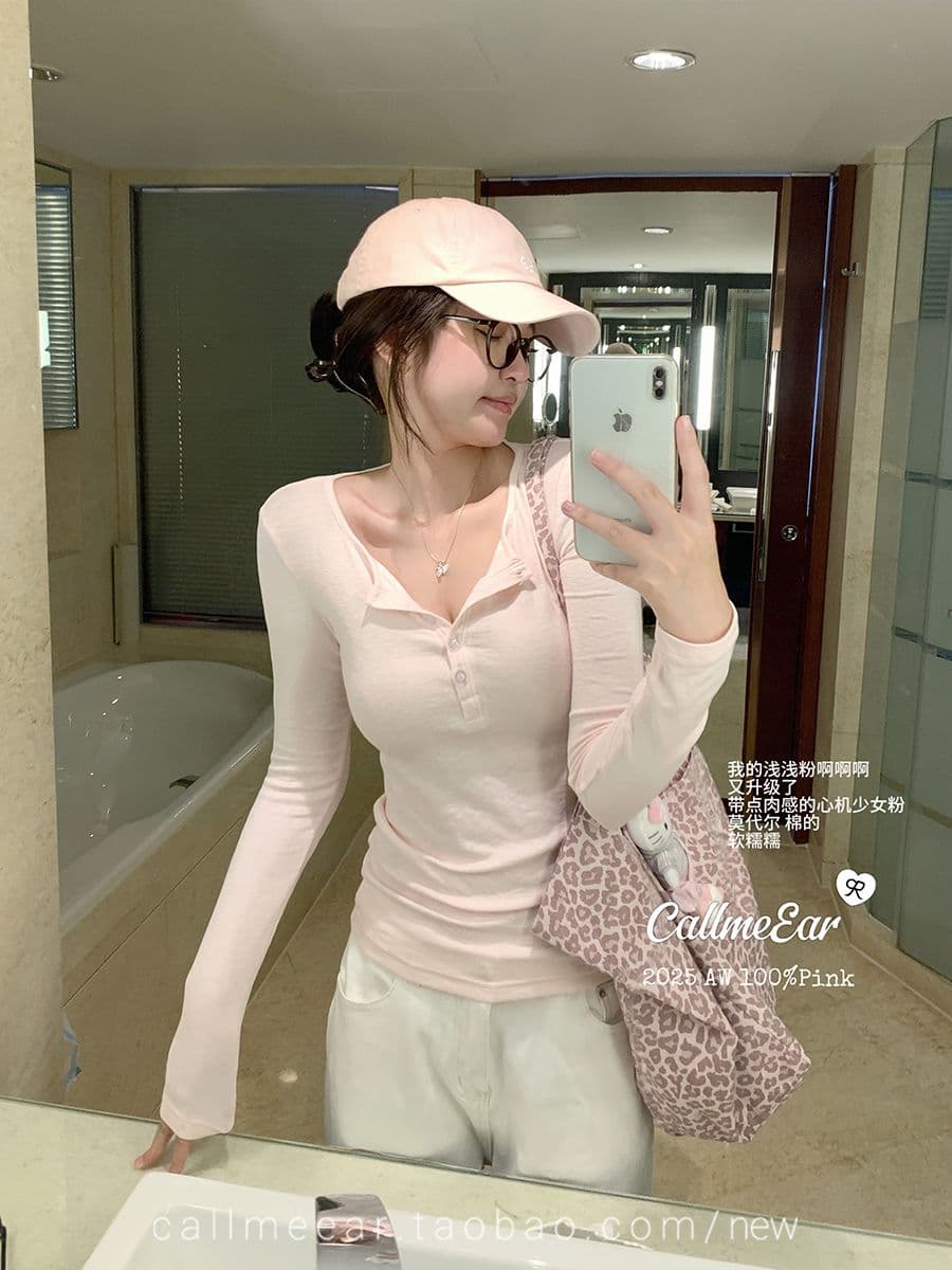 사람들 면 callmeear 미니멀리즘 수식 핫걸 긴팔 티셔츠 여성 이른 가을 몸매 가꾸기 슬림해 보이는 맨위 상세 이미지 2