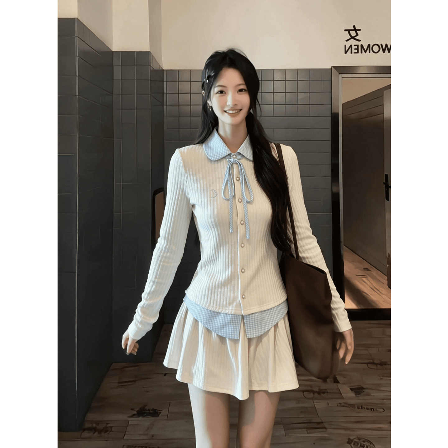 경관 그림 양모 구덩이 기사 250그램 4 3 한 부서 핫걸 페이크 레이어드 맨위 하이웨이스트 한 마디 미니 스커트 투피스 세트