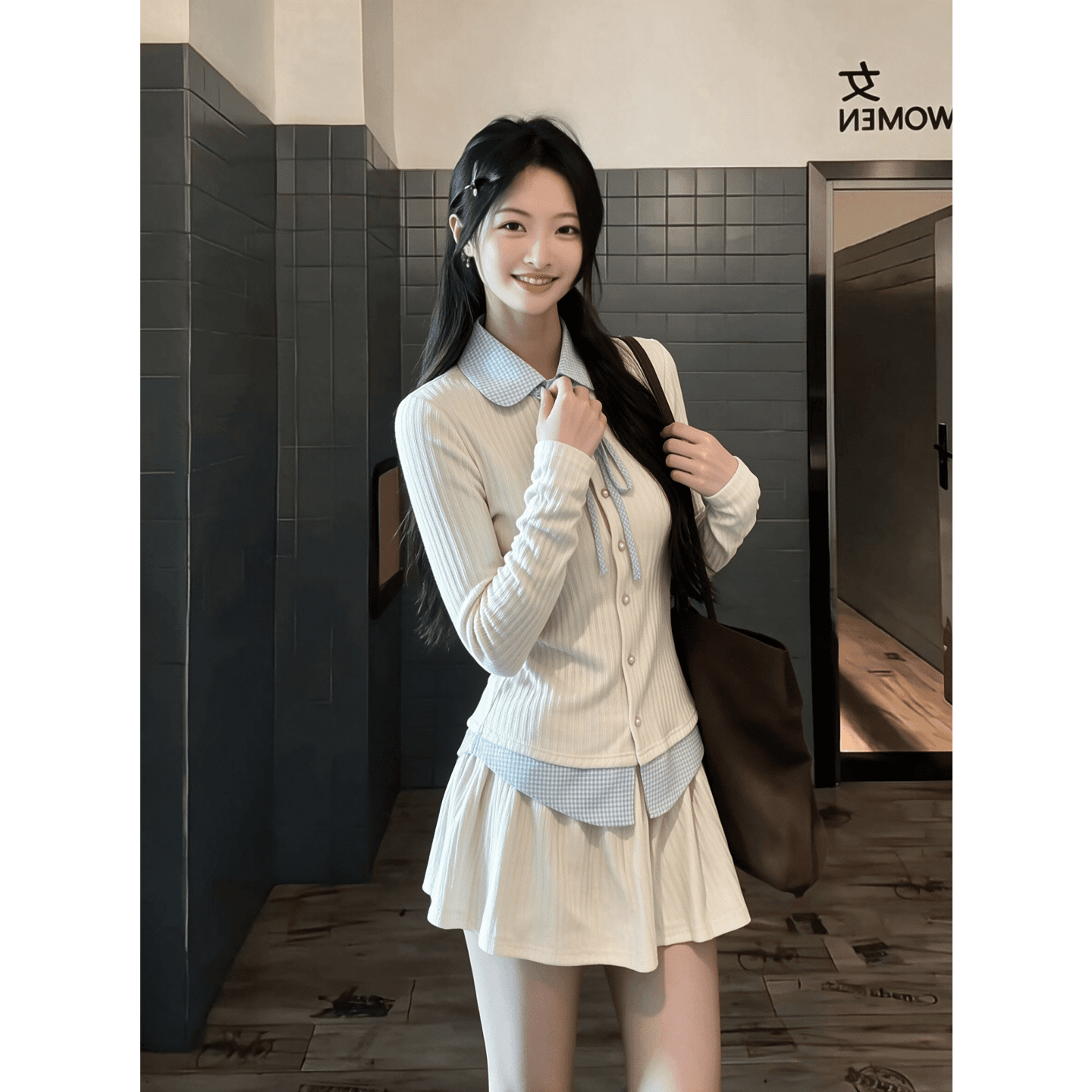 경관 그림 양모 구덩이 기사 250그램 4 3 한 부서 핫걸 페이크 레이어드 맨위 하이웨이스트 한 마디 미니 스커트 투피스 세트 이미지 4