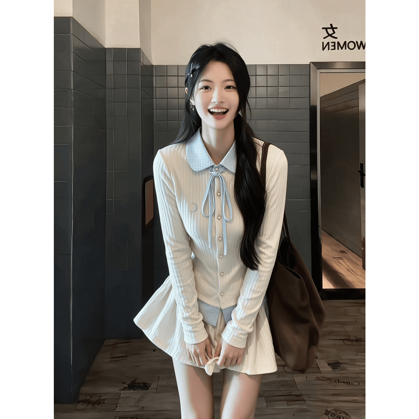 경관 그림 양모 구덩이 기사 250그램 4 3 한 부서 핫걸 페이크 레이어드 맨위 하이웨이스트 한 마디 미니 스커트 투피스 세트 상세 이미지 4