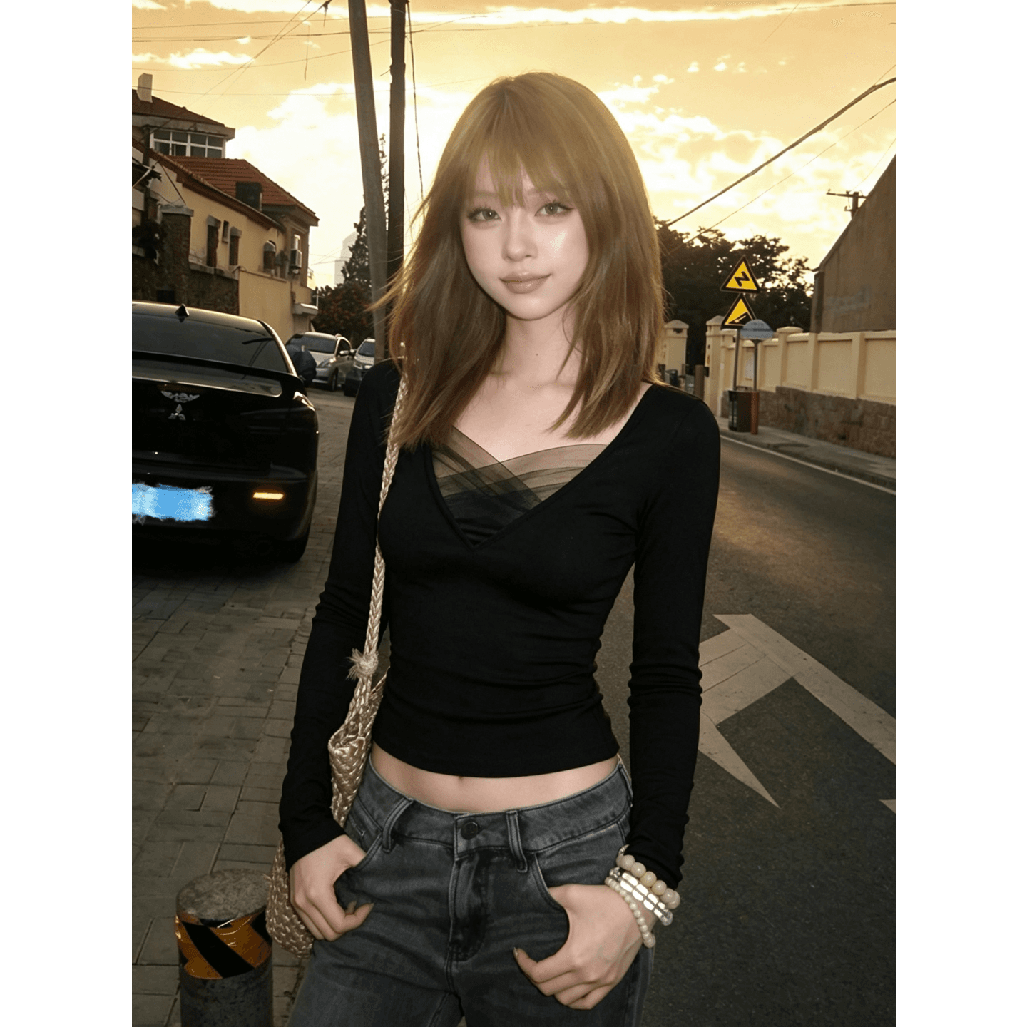 경관 그림 와 사고 방식 모달 260 그램 1 1 한국 스타일 핫걸 V넥 망사 패치워크 긴팔 티셔츠 맨위 여성 이미지 5
