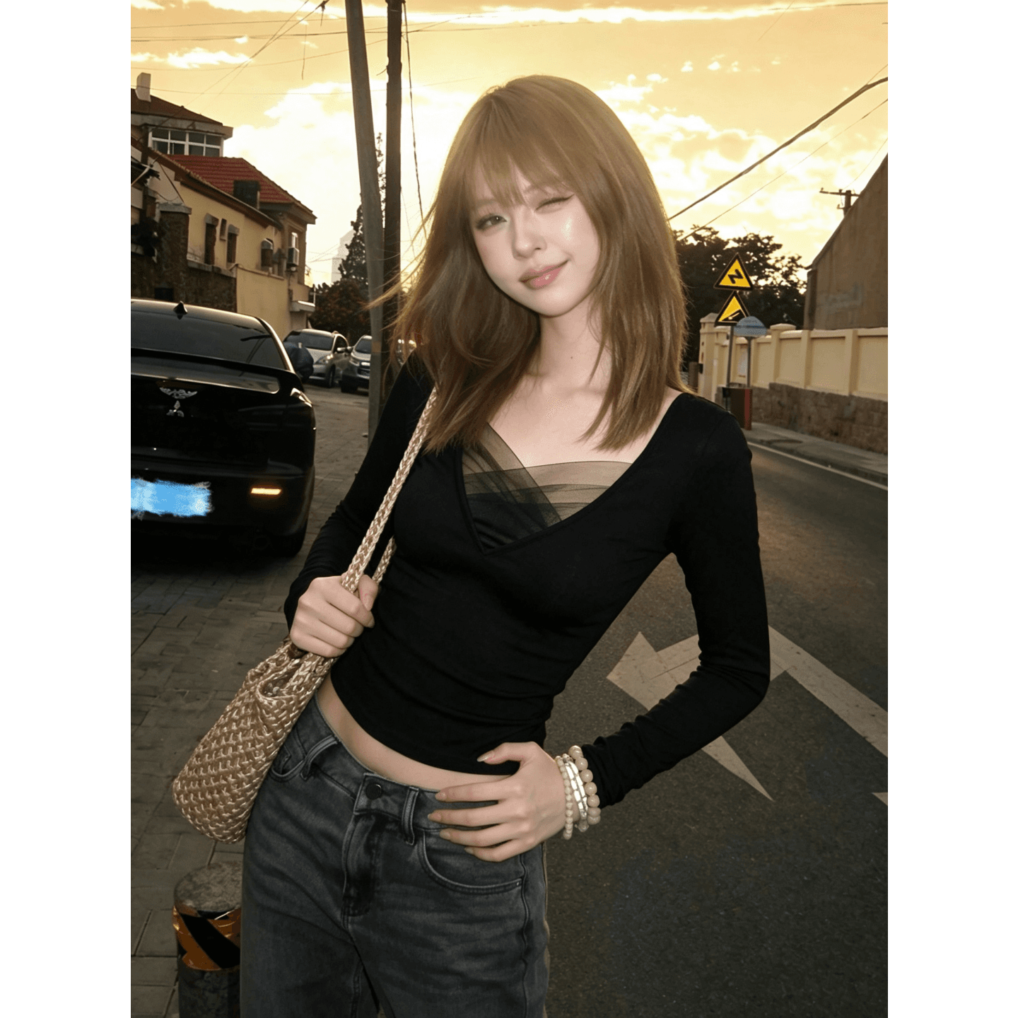 경관 그림 와 사고 방식 모달 260 그램 1 1 한국 스타일 핫걸 V넥 망사 패치워크 긴팔 티셔츠 맨위 여성 이미지 2