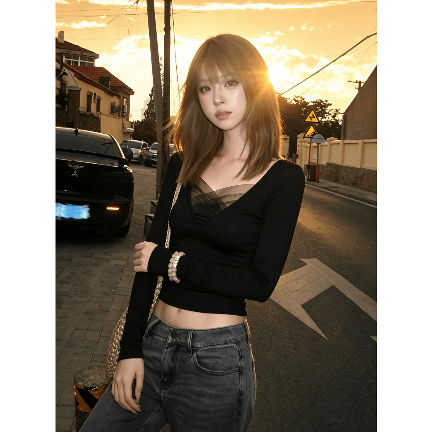 경관 그림 와 사고 방식 모달 260 그램 1 1 한국 스타일 핫걸 V넥 망사 패치워크 긴팔 티셔츠 맨위 여성 이미지 4