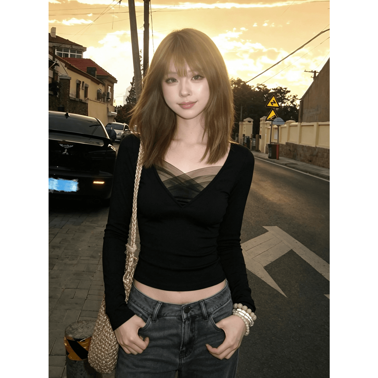경관 그림 와 사고 방식 모달 260 그램 1 1 한국 스타일 핫걸 V넥 망사 패치워크 긴팔 티셔츠 맨위 여성 상세 이미지 5