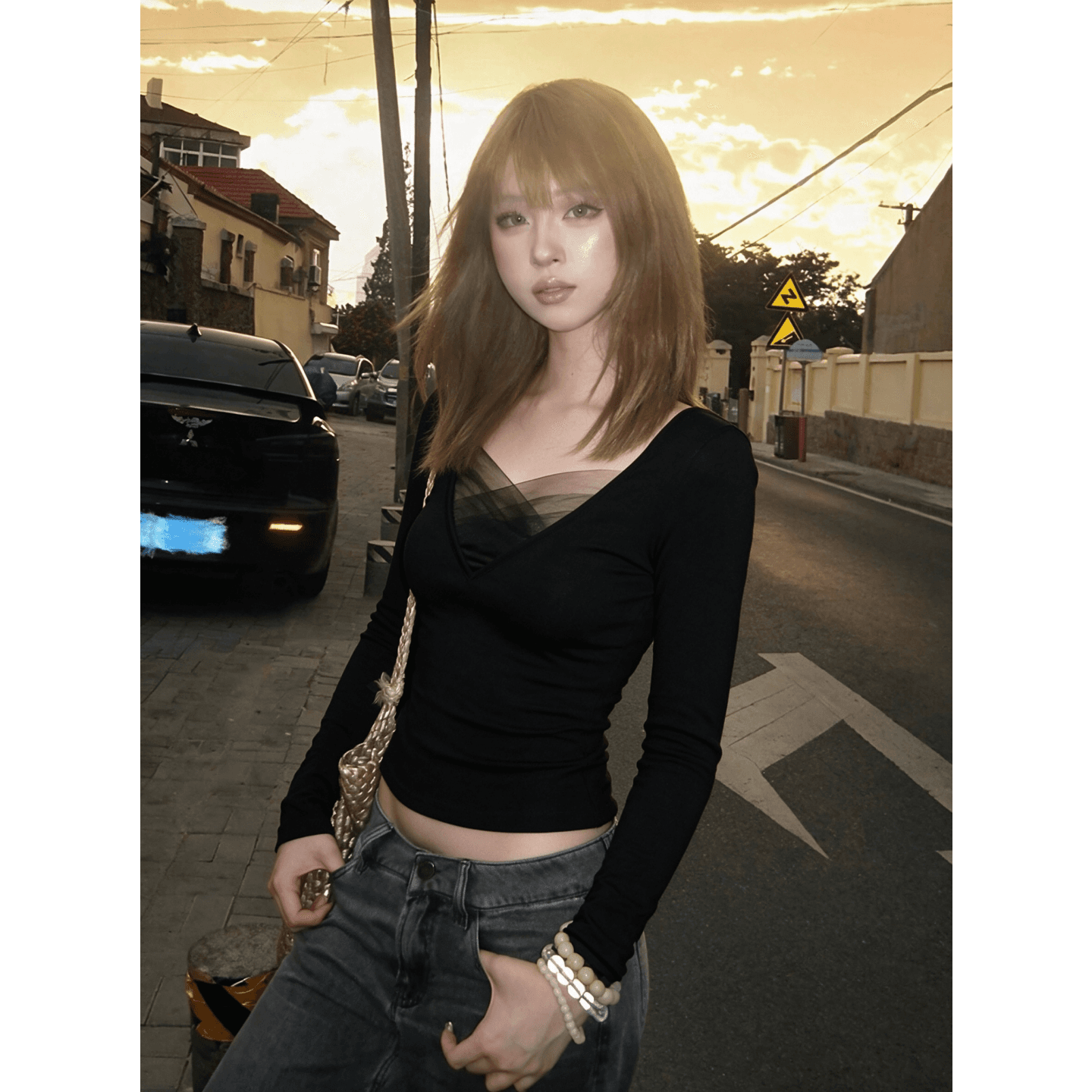 경관 그림 와 사고 방식 모달 260 그램 1 1 한국 스타일 핫걸 V넥 망사 패치워크 긴팔 티셔츠 맨위 여성 상세 이미지 6