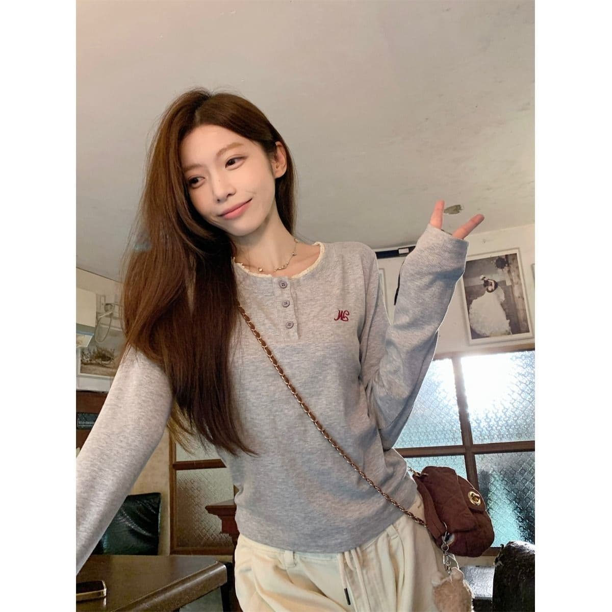 리브 De 플러시 280 그램 원본 것 핫걸 레이스 라운드 넥 긴팔 티셔츠 여성 가을 기본 셔츠 인사이드 가져 가라. 이미지 2