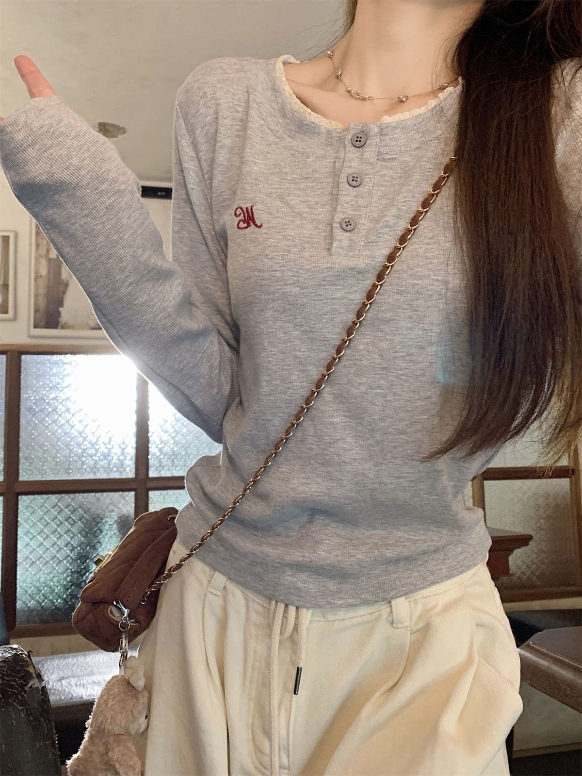리브 De 플러시 280 그램 원본 것 핫걸 레이스 라운드 넥 긴팔 티셔츠 여성 가을 기본 셔츠 인사이드 가져 가라. 상세 이미지 4