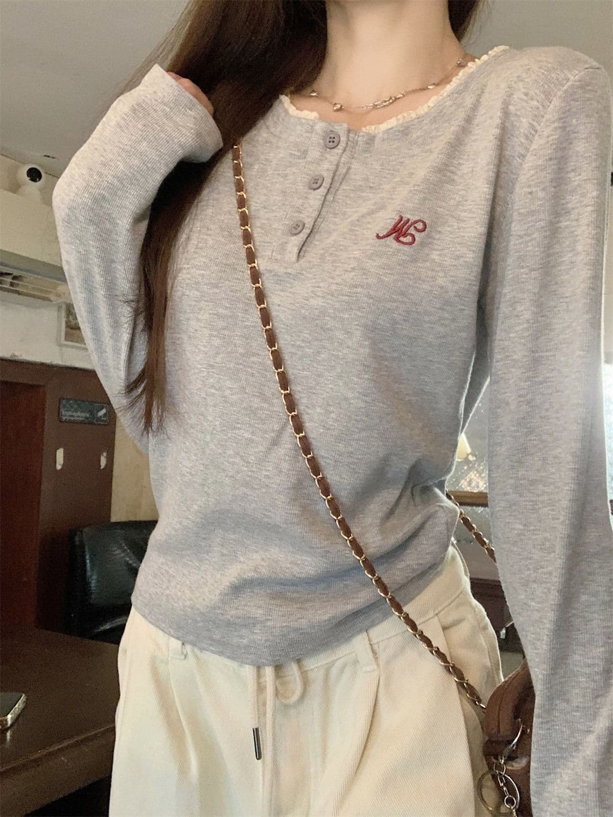 리브 De 플러시 280 그램 원본 것 핫걸 레이스 라운드 넥 긴팔 티셔츠 여성 가을 기본 셔츠 인사이드 가져 가라. 상세 이미지 5