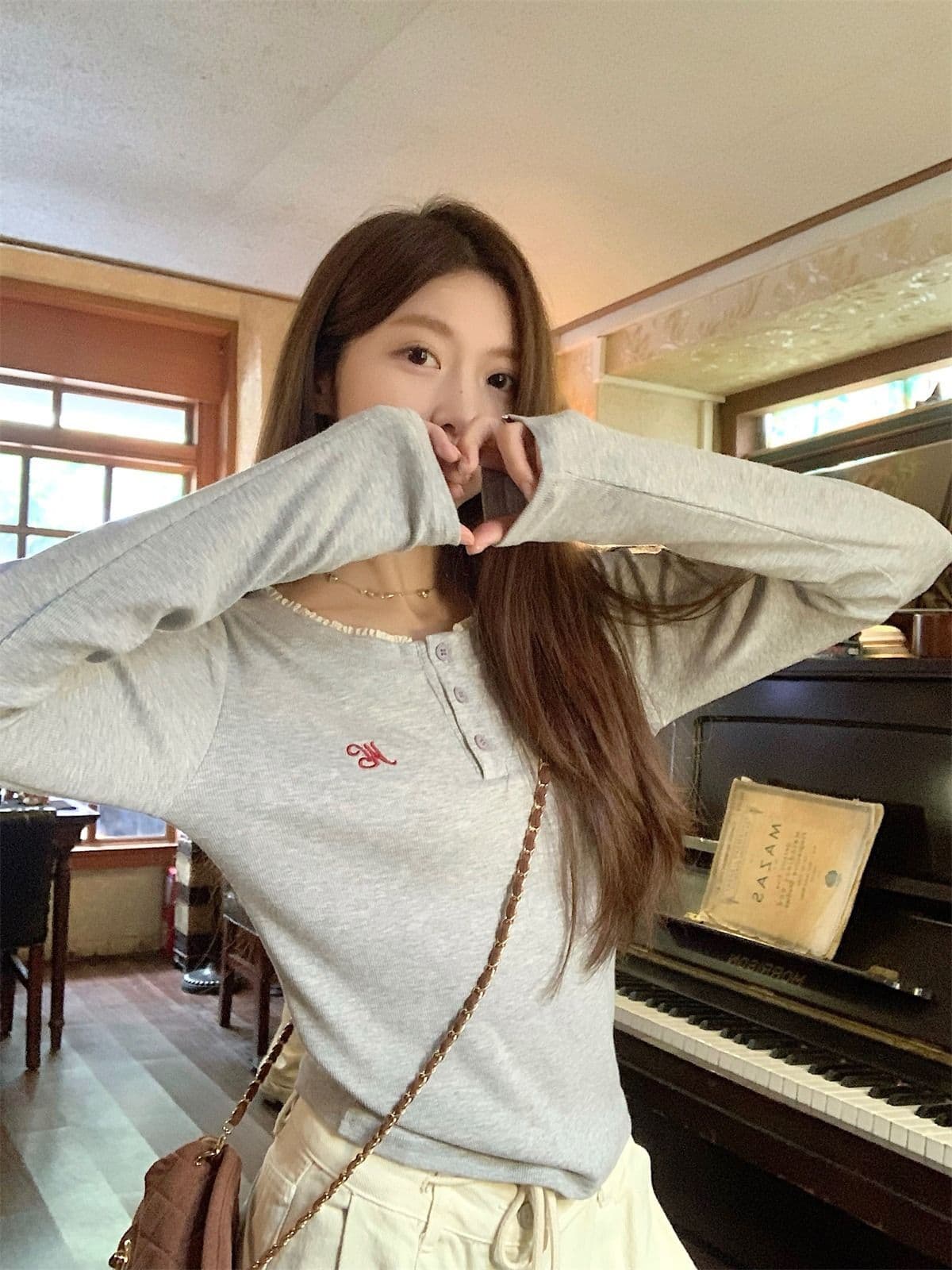 리브 De 플러시 280 그램 원본 것 핫걸 레이스 라운드 넥 긴팔 티셔츠 여성 가을 기본 셔츠 인사이드 가져 가라. 상세 이미지 8