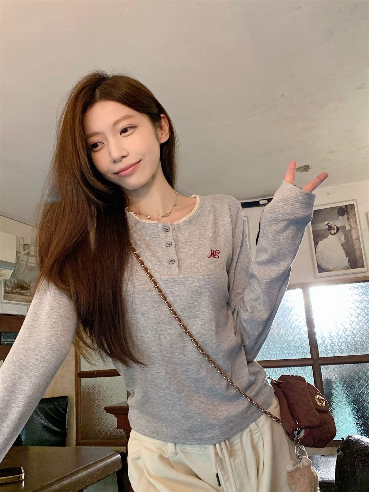 리브 De 플러시 280 그램 원본 것 핫걸 레이스 라운드 넥 긴팔 티셔츠 여성 가을 기본 셔츠 인사이드 가져 가라. 상세 이미지 10