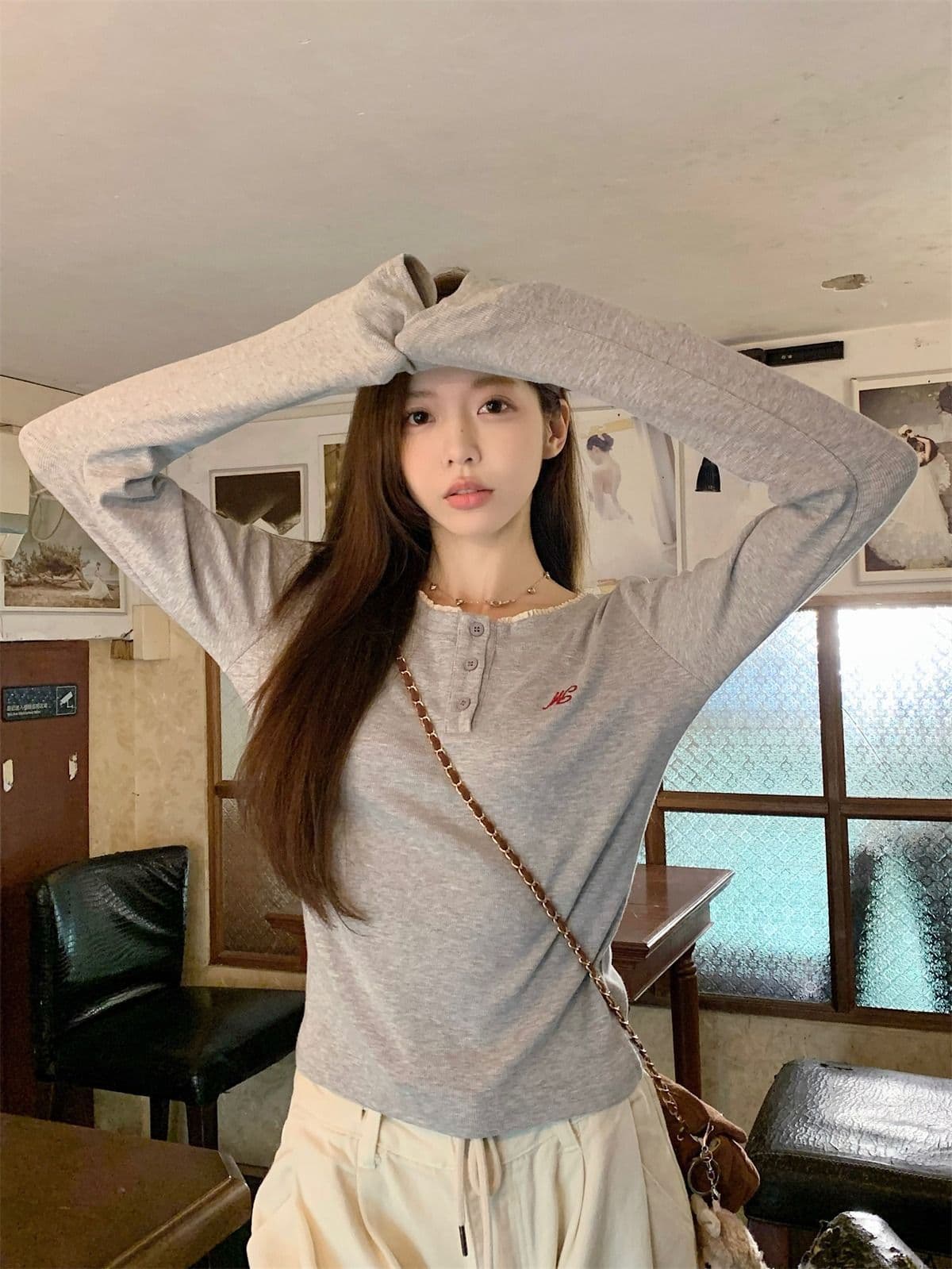리브 De 플러시 280 그램 원본 것 핫걸 레이스 라운드 넥 긴팔 티셔츠 여성 가을 기본 셔츠 인사이드 가져 가라. 상세 이미지 11