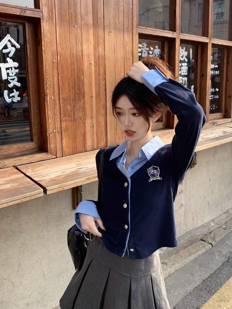 원본 원단 POLO 칼라 자수 긴팔 여성 가을 디자인 센스 셔츠 패치워크 쇼트 스타일 페이크 레이어드 맨위 상세 이미지 2