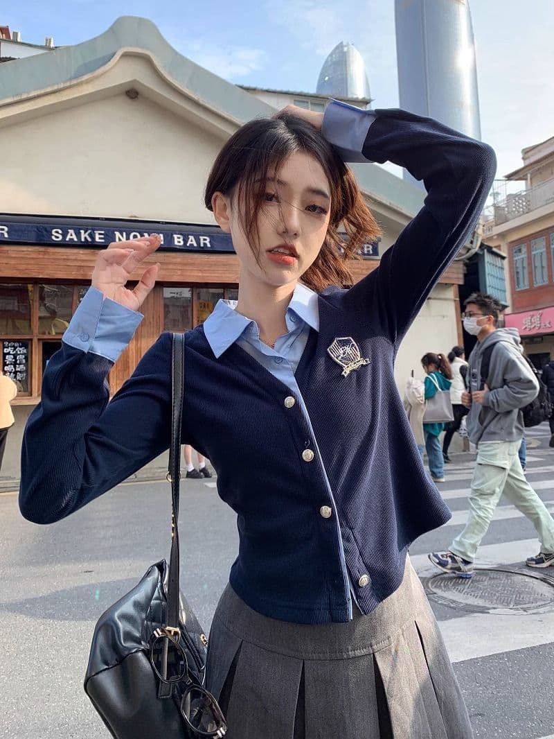원본 원단 POLO 칼라 자수 긴팔 여성 가을 디자인 센스 셔츠 패치워크 쇼트 스타일 페이크 레이어드 맨위 상세 이미지 5