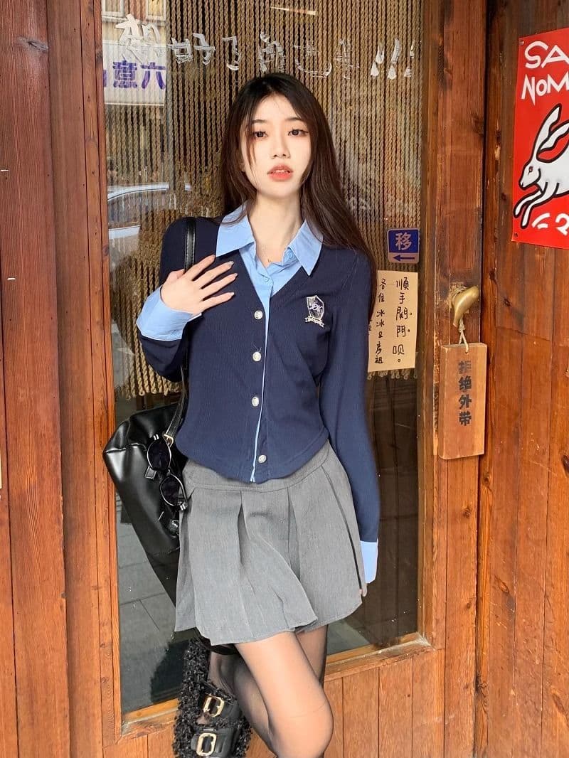 원본 원단 POLO 칼라 자수 긴팔 여성 가을 디자인 센스 셔츠 패치워크 쇼트 스타일 페이크 레이어드 맨위 상세 이미지 8