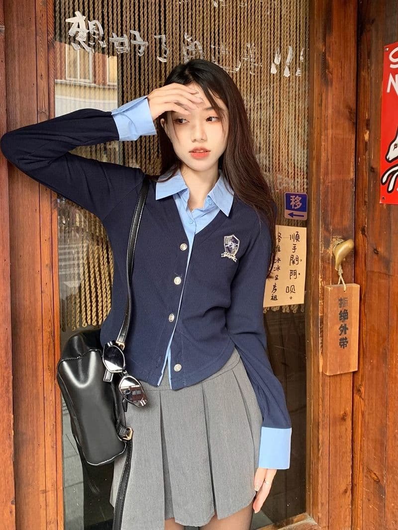 원본 원단 POLO 칼라 자수 긴팔 여성 가을 디자인 센스 셔츠 패치워크 쇼트 스타일 페이크 레이어드 맨위 상세 이미지 10