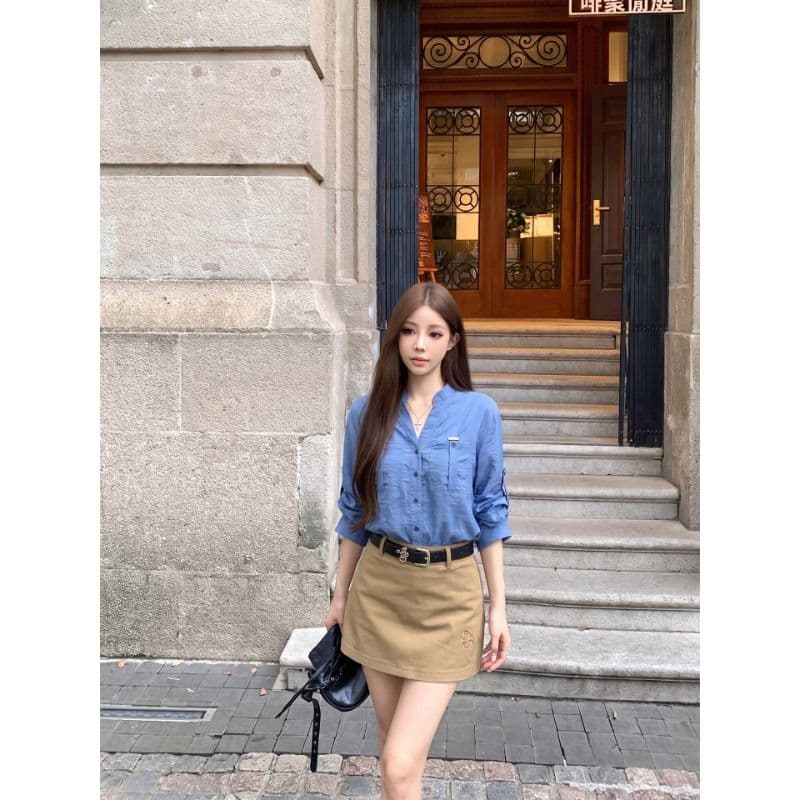원본 원단 디자인 센스 파란색 긴팔 여성 셔츠 가을 V넥 여성 셔츠 느슨함 센스 자외선 차단 셔츠 이미지 5