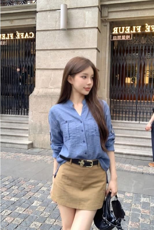 원본 원단 디자인 센스 파란색 긴팔 여성 셔츠 가을 V넥 여성 셔츠 느슨함 센스 자외선 차단 셔츠 이미지 6