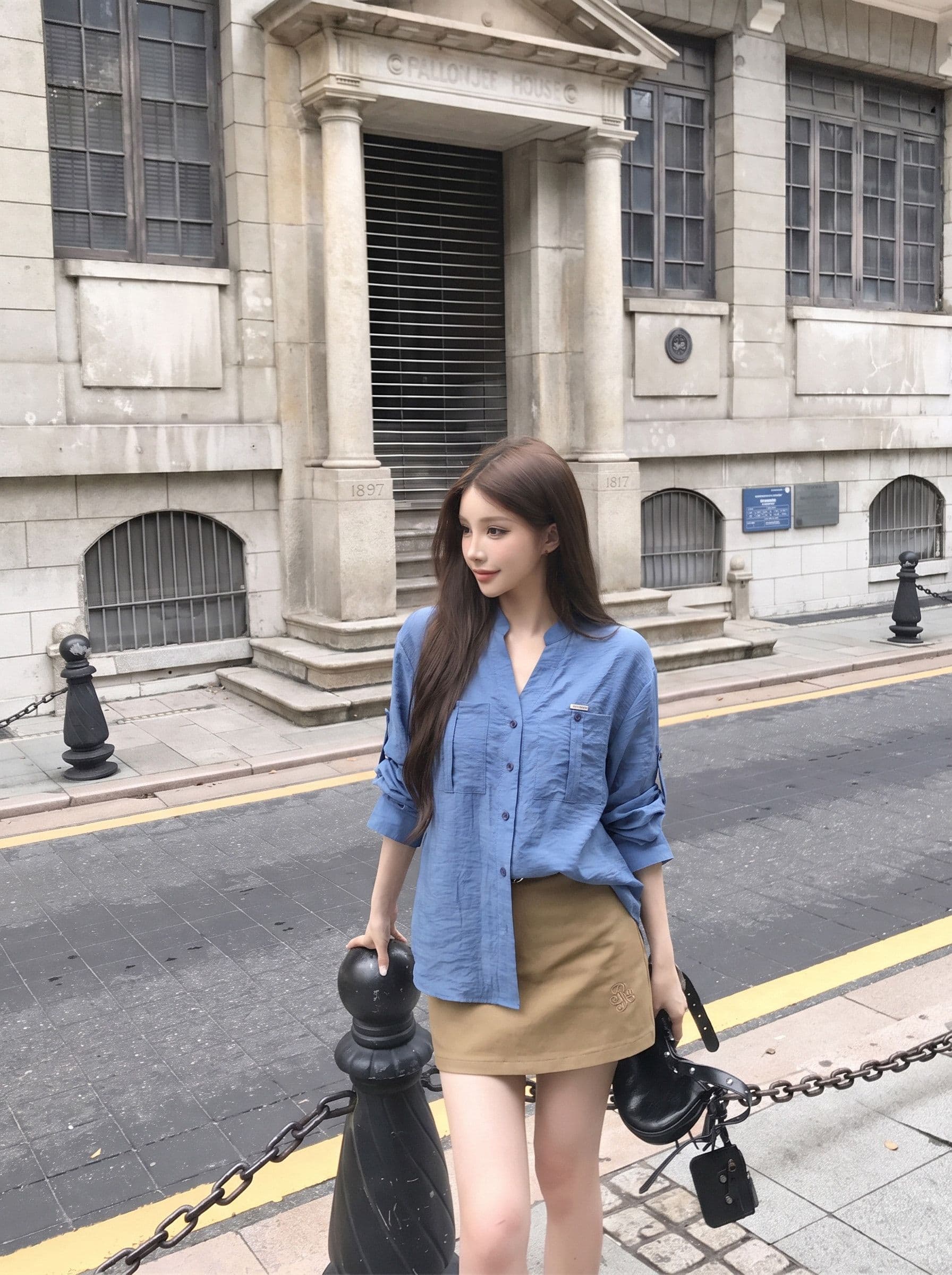 원본 원단 디자인 센스 파란색 긴팔 여성 셔츠 가을 V넥 여성 셔츠 느슨함 센스 자외선 차단 셔츠 상세 이미지 5
