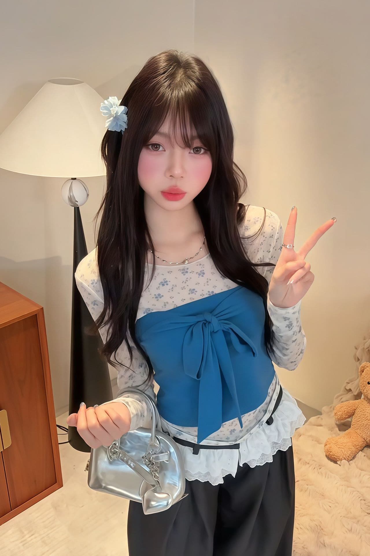 파란색 작은 꽃무늬 핫걸 바람 마이크로 ~을 통해 몸매 가꾸기 긴팔 티셔츠 여성 가을 스트랩 튜브탑 조끼 맨위 투피스 세트 이미지 6
