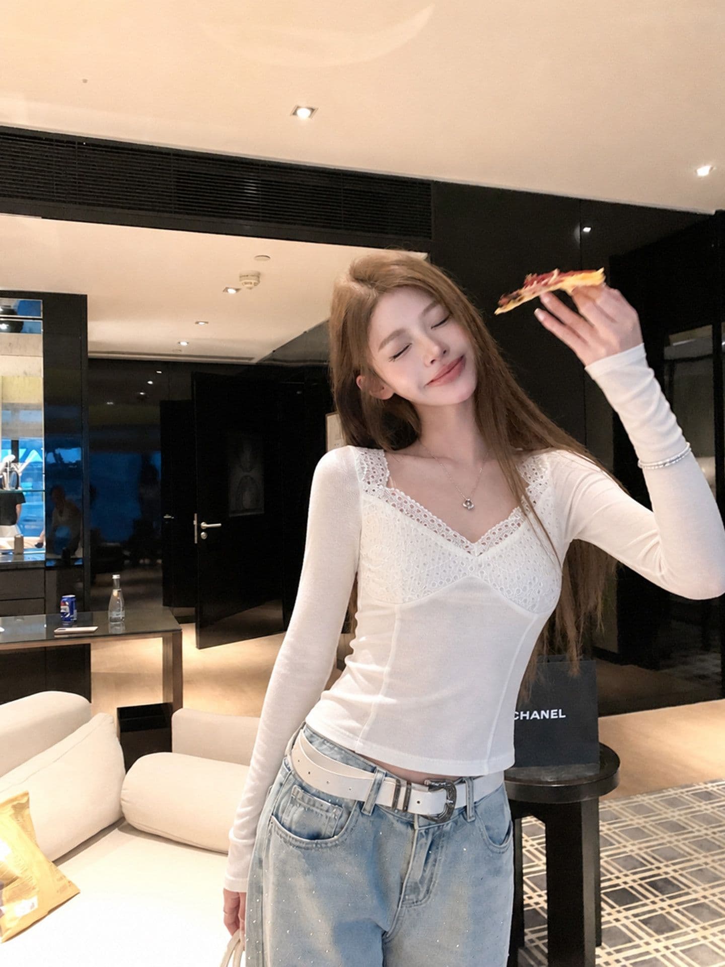 260 그램 사람들 면 V넥 레이스 조각 긴팔 티셔츠 여성 화이트 몸매 가꾸기 슬림해 보이는 인사이드 가져 가라. 기본 셔츠 맨위 가을 이미지 4