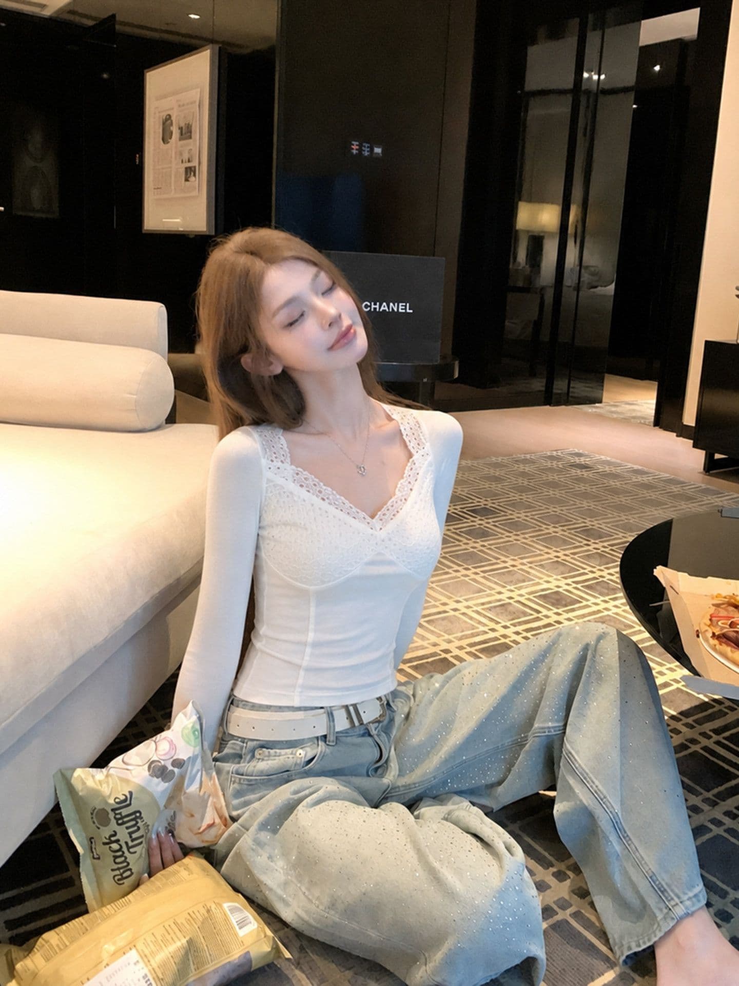 260 그램 사람들 면 V넥 레이스 조각 긴팔 티셔츠 여성 화이트 몸매 가꾸기 슬림해 보이는 인사이드 가져 가라. 기본 셔츠 맨위 가을 이미지 3