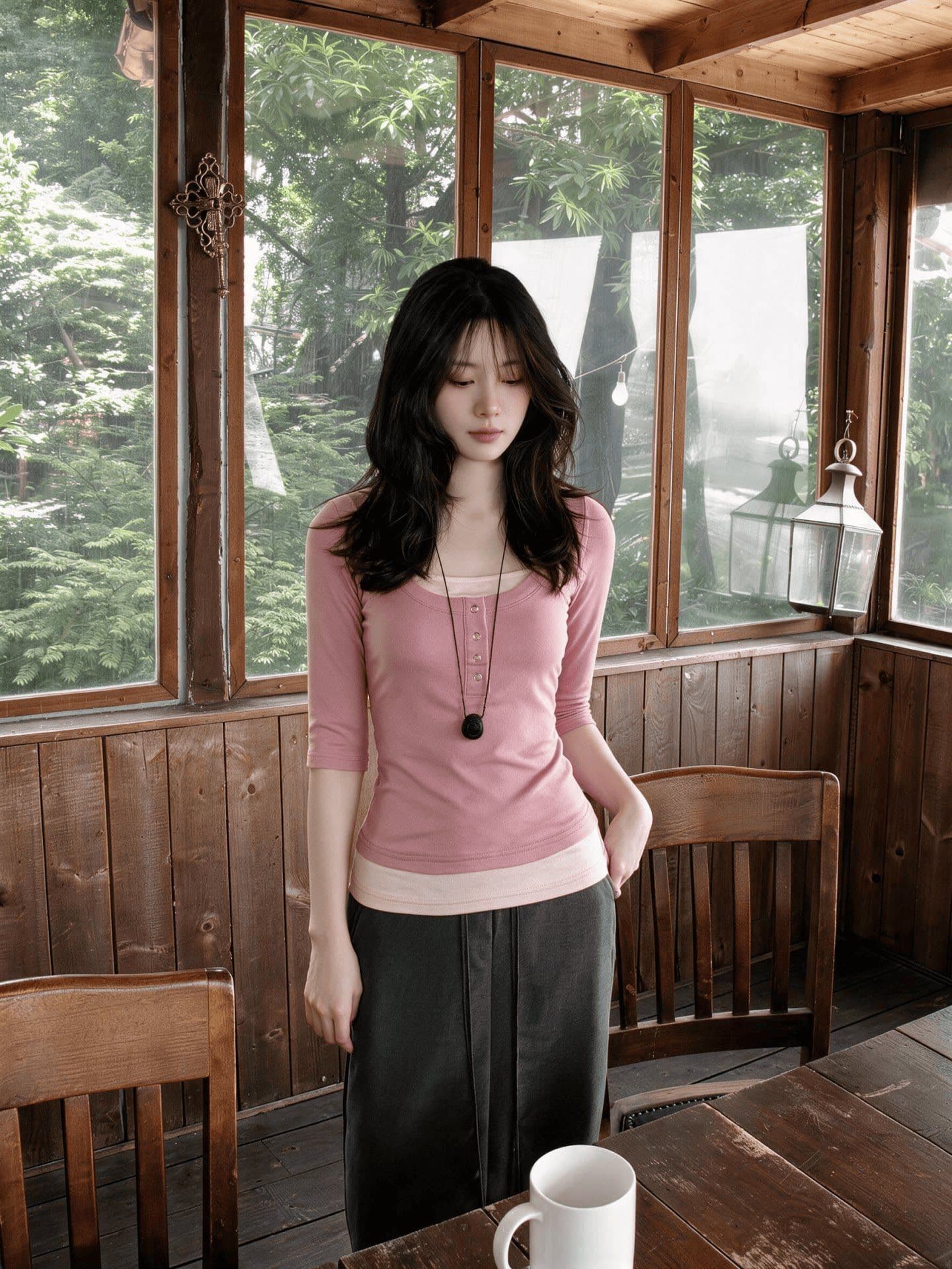 한 부서 핫걸 화이트 도트 무늬 스트랩 긴팔 티셔츠 여성 가을 레이스 치마 스택 착용 기본 셔츠 맨위 상세 이미지 2