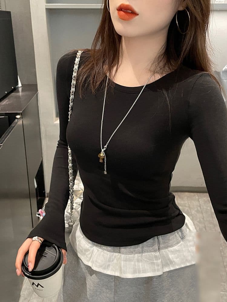 260 그램 모달 사람들 면 핫걸 긍정적 인 어깨 라운드 넥 긴팔 기본 셔츠 티셔츠 여성 봄 가을 맨위 인사이드 가져 가라. 상세 이미지 30