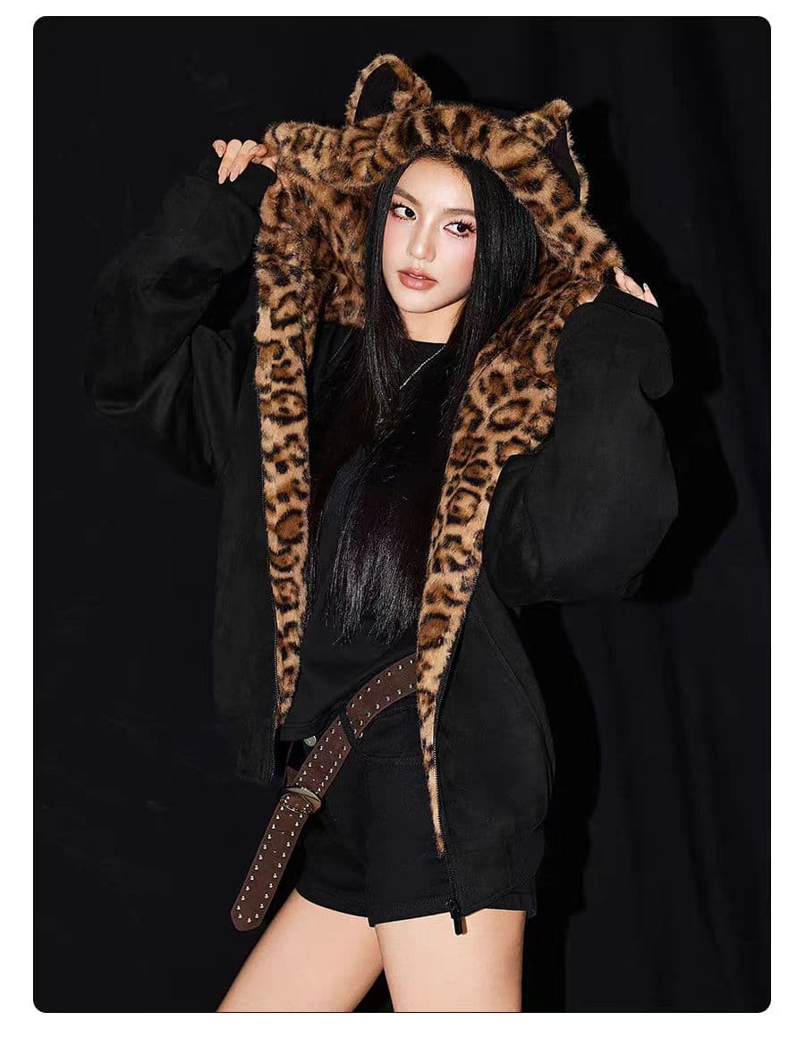 귀여운 귀 핑크색 레오파드 무늬 플리스 후드 티 스웨터 여자 가을 겨울 루즈핏 털이 있는 보온 지퍼 면 의류 재킷 상세 이미지 27