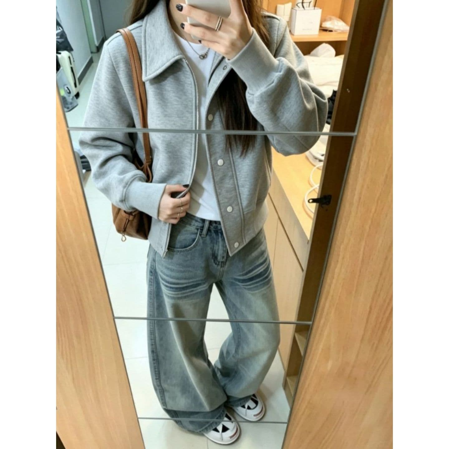 순수한 Mianhua 면 복합 우유 실크 합계 320 그램 2026 가을 겨울 느긋한 캐주얼 회색 한 스타일 재킷 여성 재킷 상세 이미지 3