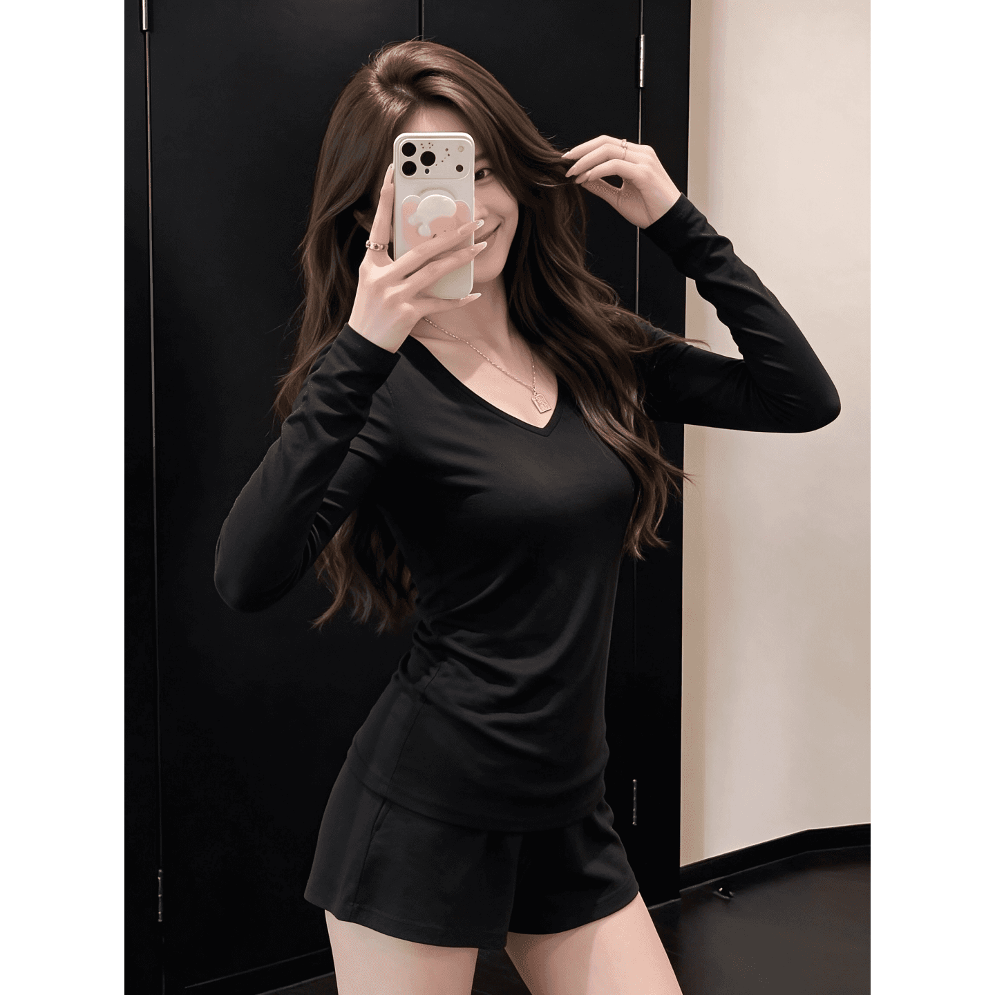 경관 그림 40 순면 리브 가을 핫걸 고급 센스 검정색 V넥 이른 가을 얇은 스타일 긴팔 티셔츠 여성 셔츠 이미지 3