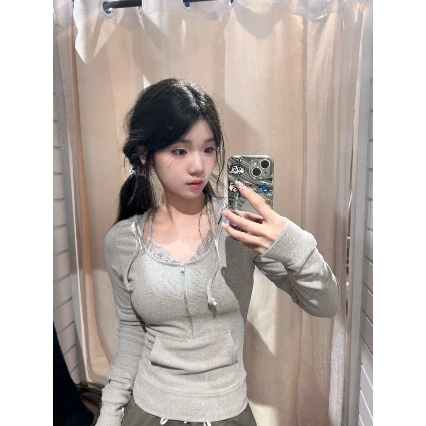 원본 원단 이후 패키지 칼라 수 있습니다. 조정 핫걸 긴팔 티셔츠 회색 레이스 조각 순수한 욕망 다용도 맨위 여성 상세 이미지 2