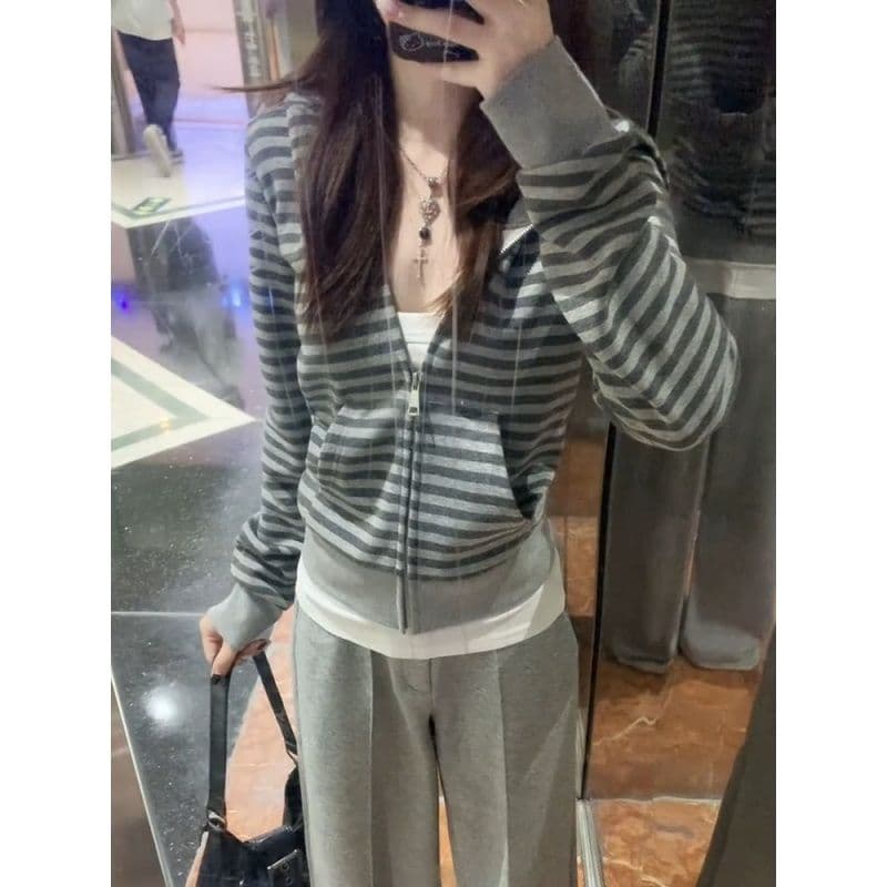 원본 원단 한 부서 스트라이프 허리 수축 후드 티 스웨터 여성 코트 가을 몸매 가꾸기 지퍼 오픈 가디건 맨위