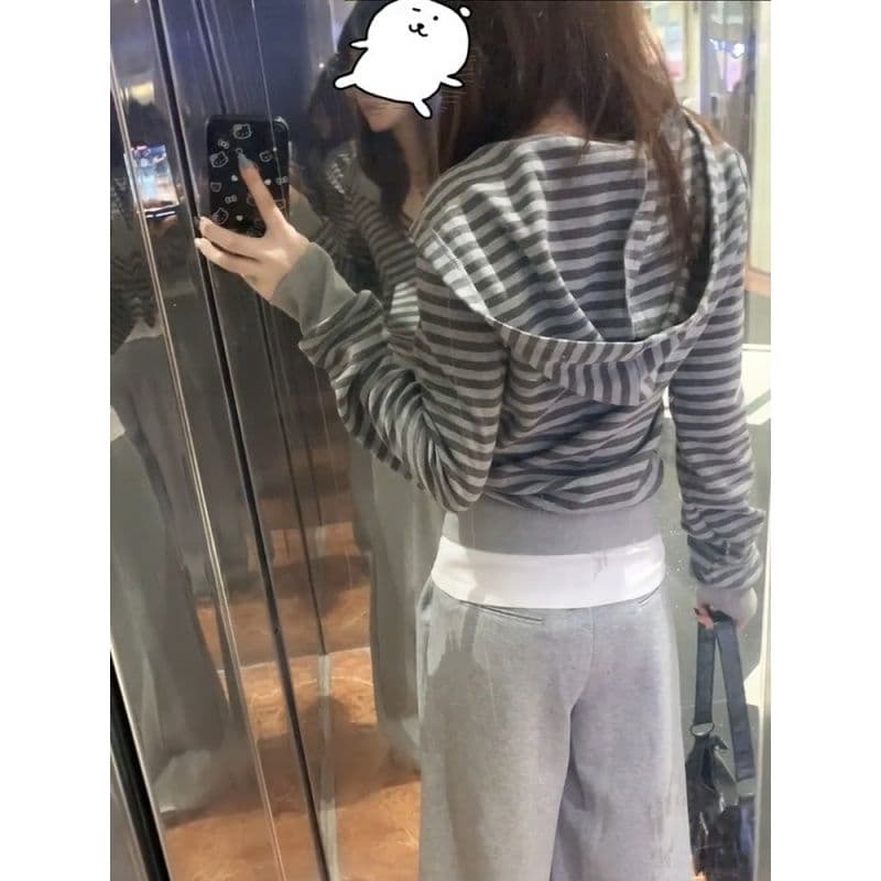 원본 원단 한 부서 스트라이프 허리 수축 후드 티 스웨터 여성 코트 가을 몸매 가꾸기 지퍼 오픈 가디건 맨위 이미지 3