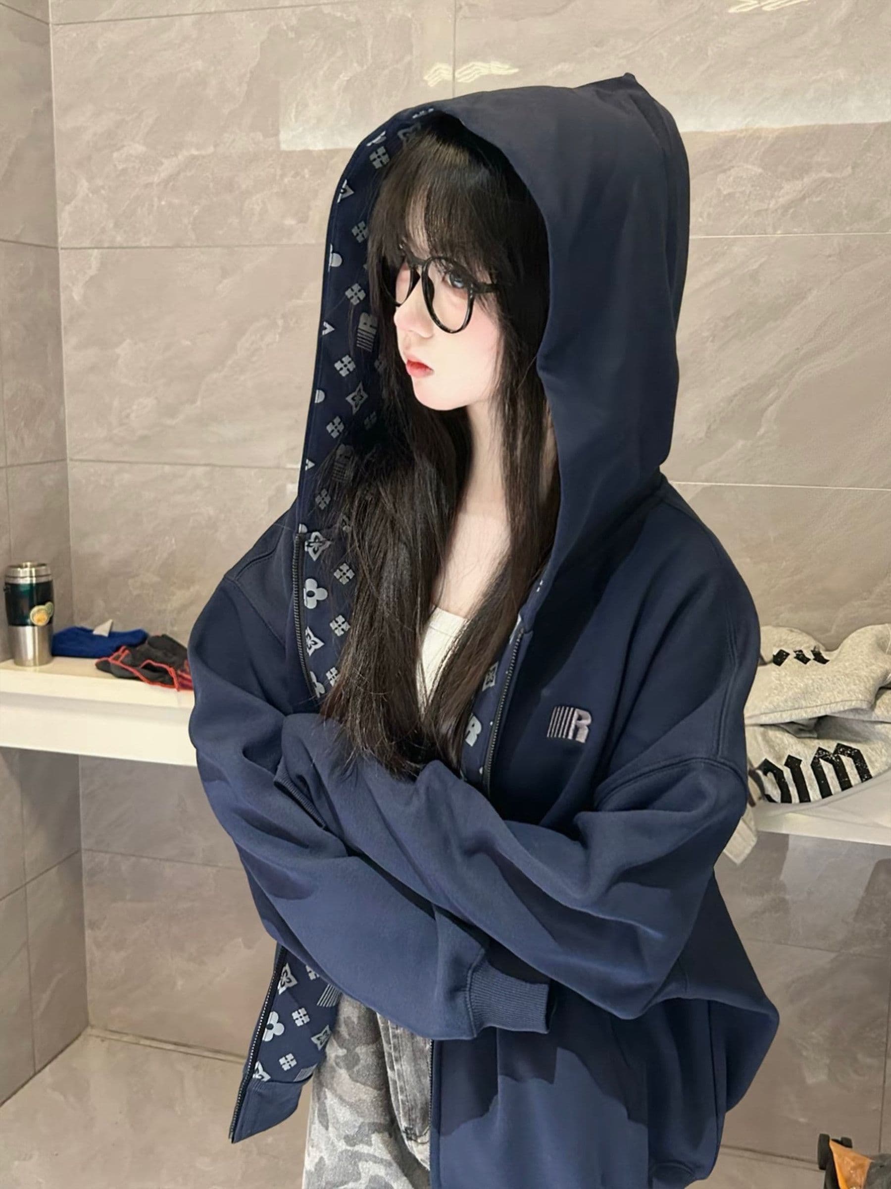 원본 것 자수 인사이드 펌프 아메리칸 레트로 오픈 가디건 여성 코트 가을 지퍼 후드 맨위 이미지 2