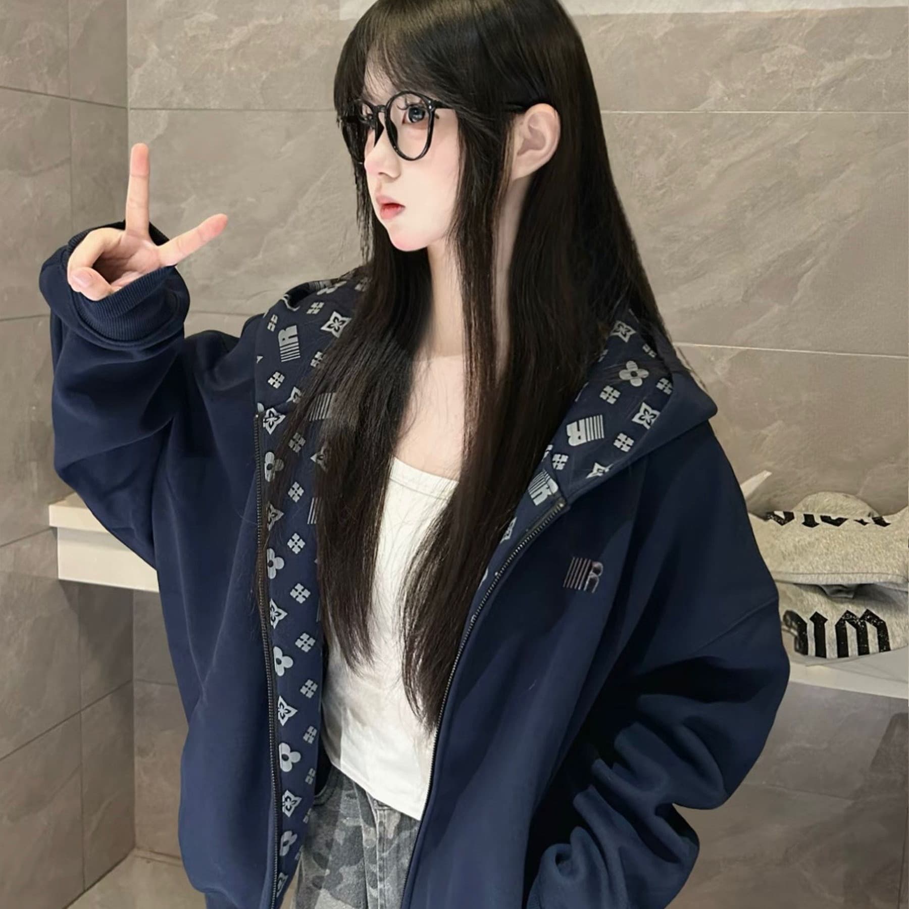 원본 것 자수 인사이드 펌프 아메리칸 레트로 오픈 가디건 여성 코트 가을 지퍼 후드 맨위 이미지 5